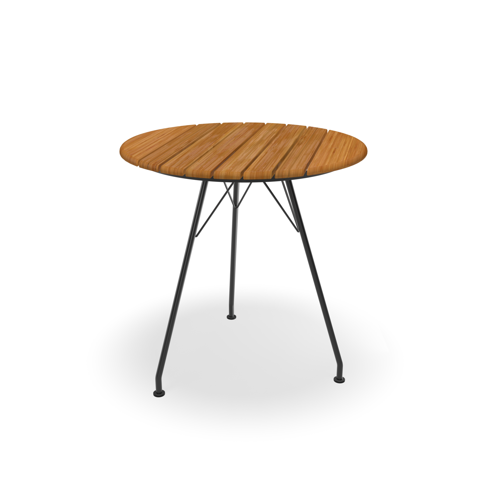 The Circum Table by Houe is a round wooden table featuring a smooth surface and metal hairpin legs. Its powder-coated steel design offers durability and style for outdoor dining, perfectly pairing with HOUE dining chairs.