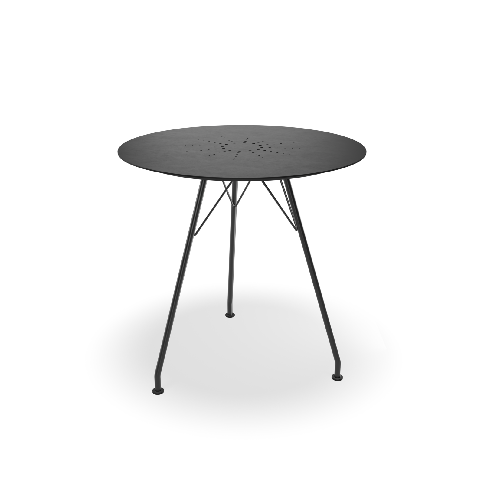 The Circum Table by HOUE is a round, modern black metal table made from powder-coated steel with a perforated tabletop and four slender legs. Its stylish design complements HOUE dining chairs and stands out against a black background, ideal for outdoor dining.