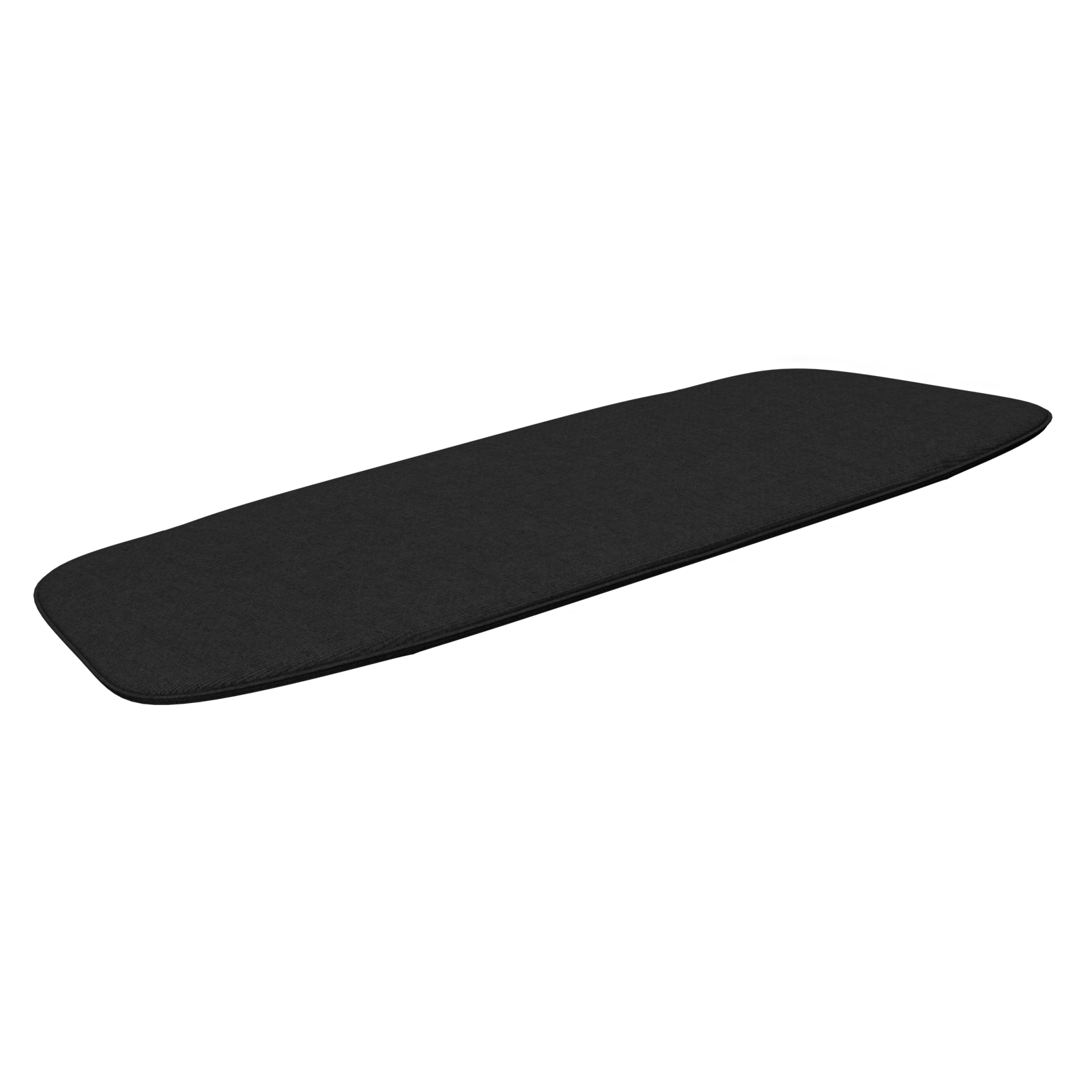 The sleek black rectangular yoga mat, reminiscent of Houes Paon Cushions, is artfully captured from a slight angle against a stark white background, embodying minimalist elegance akin to powder-coated steel designs.