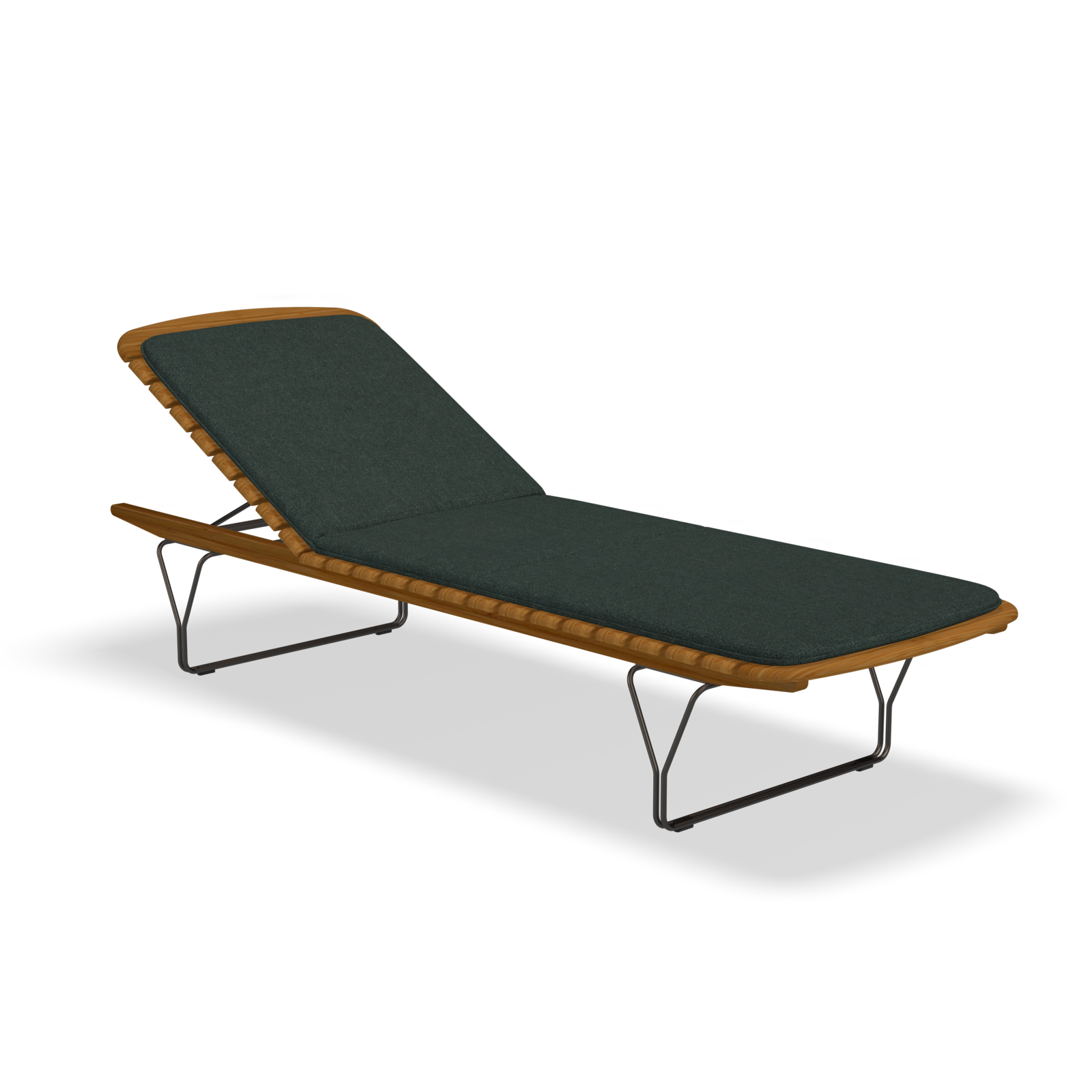 A side view of Houes MOLO Sunbed, featuring a green cushion, wooden frame, and black powder-coated steel legs with an elevated backrest against a black background, showcasing its elegance.