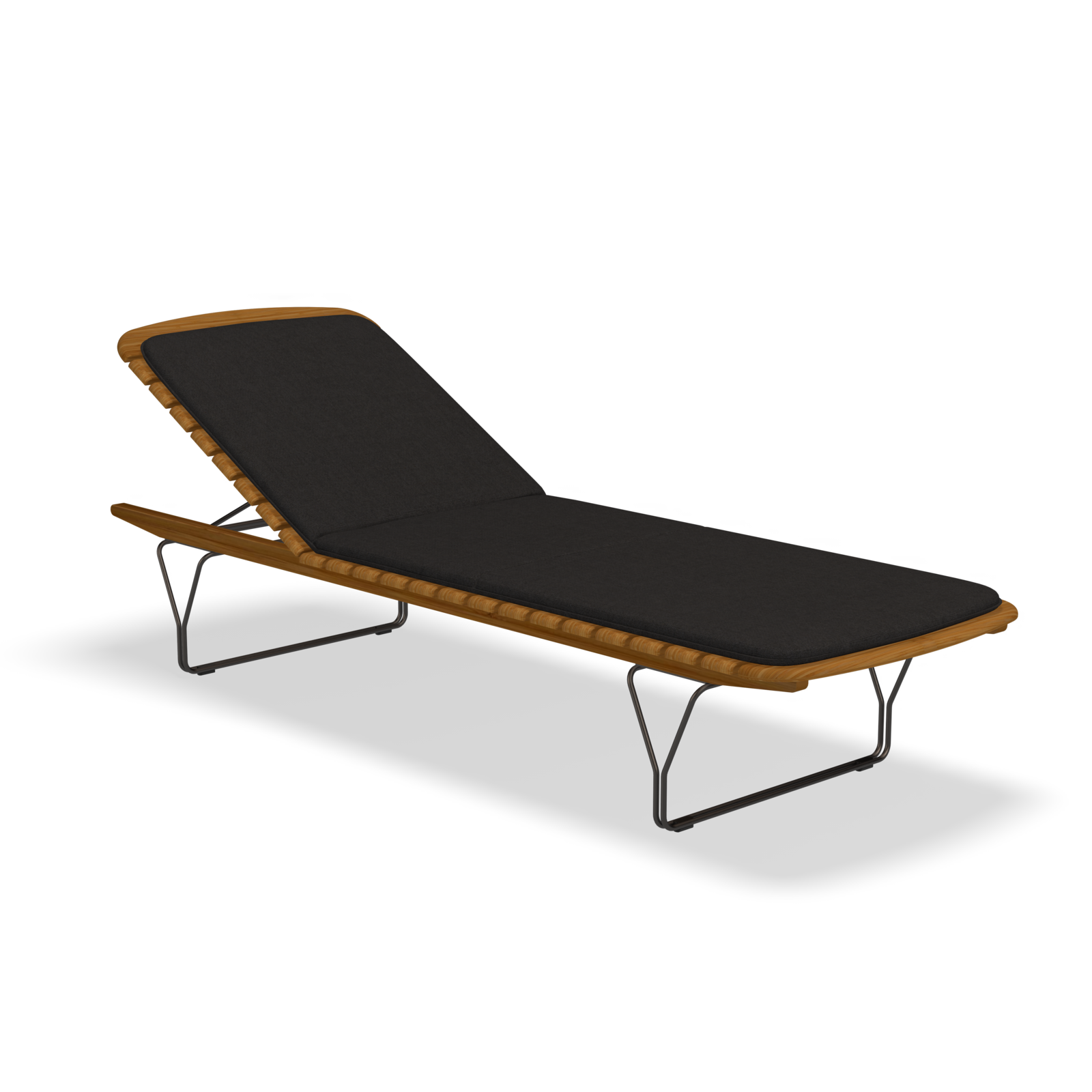 The Houe Molo Sunbed features a reclining lounge chair with a brown frame, black cushion, slightly elevated backrest for outdoor relaxation, powder-coated steel legs, and bamboo lamellas, showcasing a simple modern design against a plain black background.