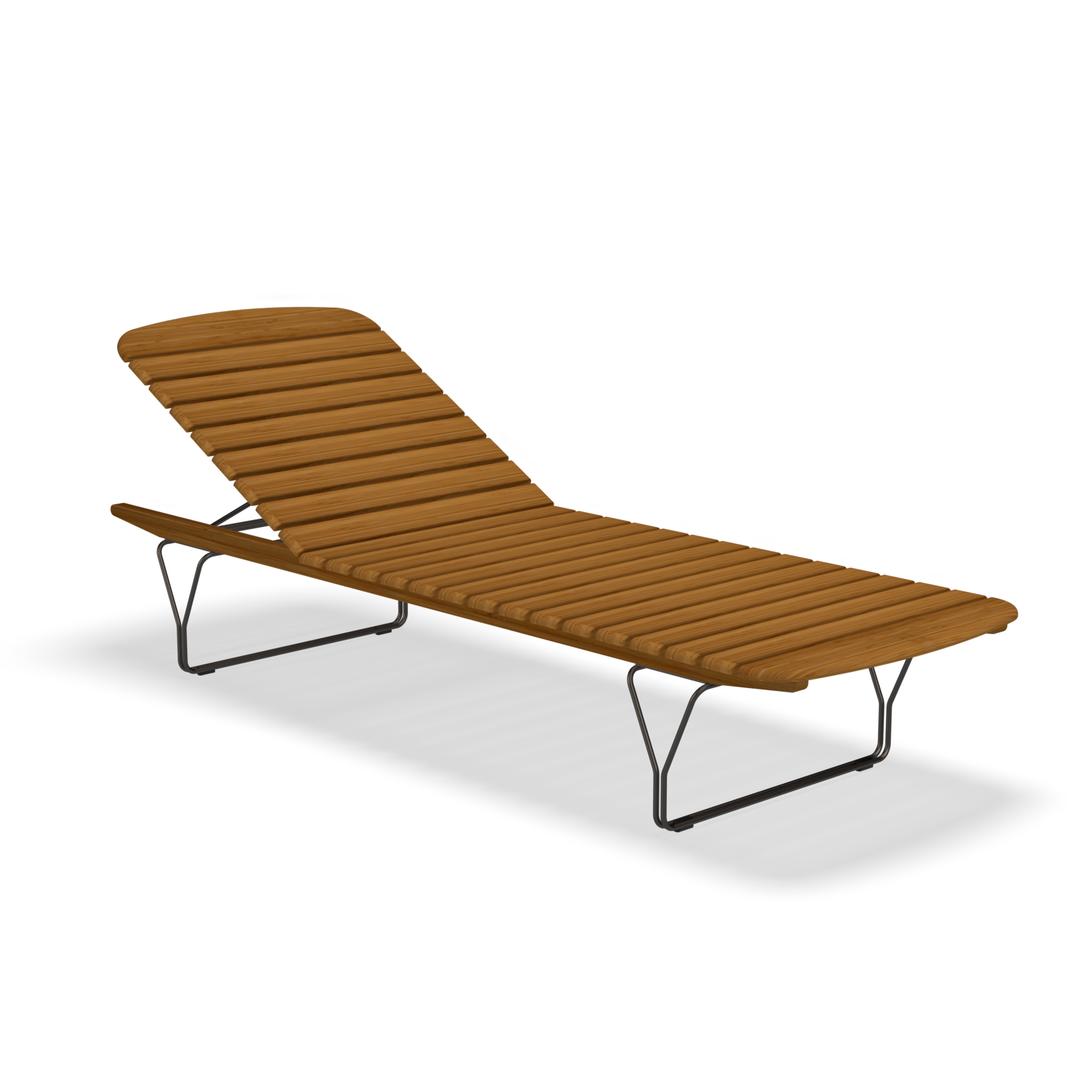 The Molo Sunbed by Houe showcases a bamboo lamella wooden slatted design, an adjustable backrest, and a sleek powder-coated black steel frame against a plain black background.