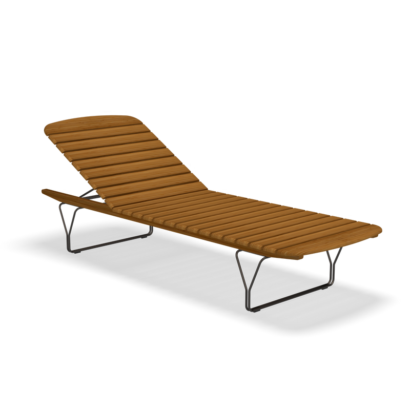 The Molo Sunbed by Houe showcases a bamboo lamella wooden slatted design, an adjustable backrest, and a sleek powder-coated black steel frame against a plain black background.