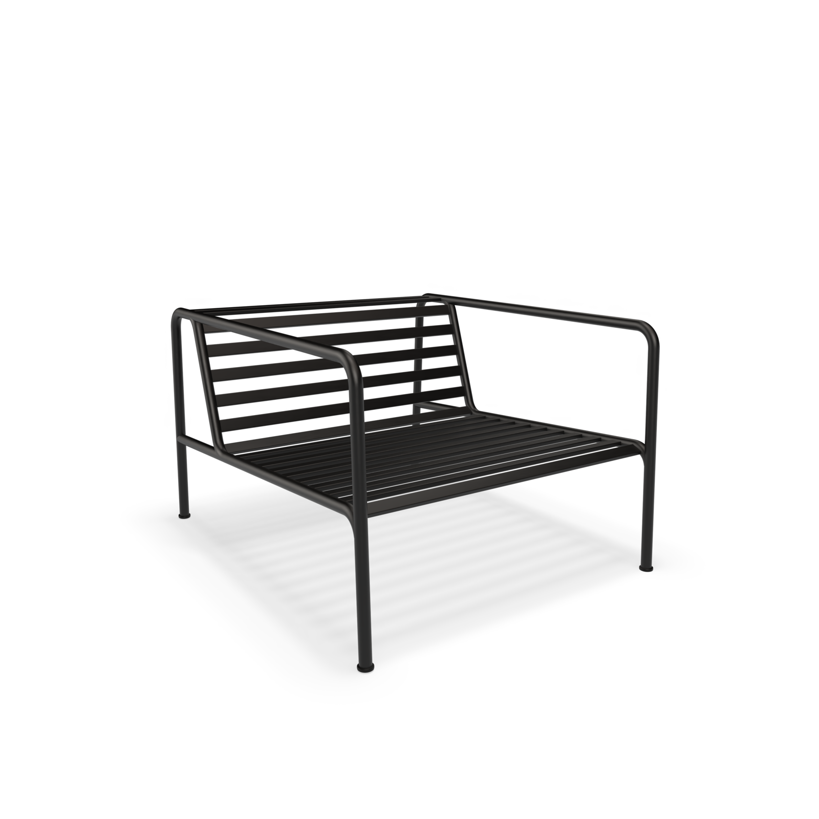 Explore the Houe Avon Lounge Chair, a stylish addition to your lounge. Featuring a modern, minimalist design with horizontal slats and four slender legs, this weather-resistant black metal chair seamlessly combines style with durability.