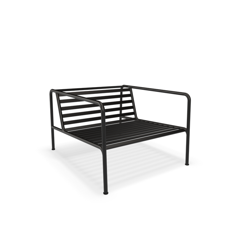 Explore the Houe Avon Lounge Chair, a stylish addition to your lounge. Featuring a modern, minimalist design with horizontal slats and four slender legs, this weather-resistant black metal chair seamlessly combines style with durability.