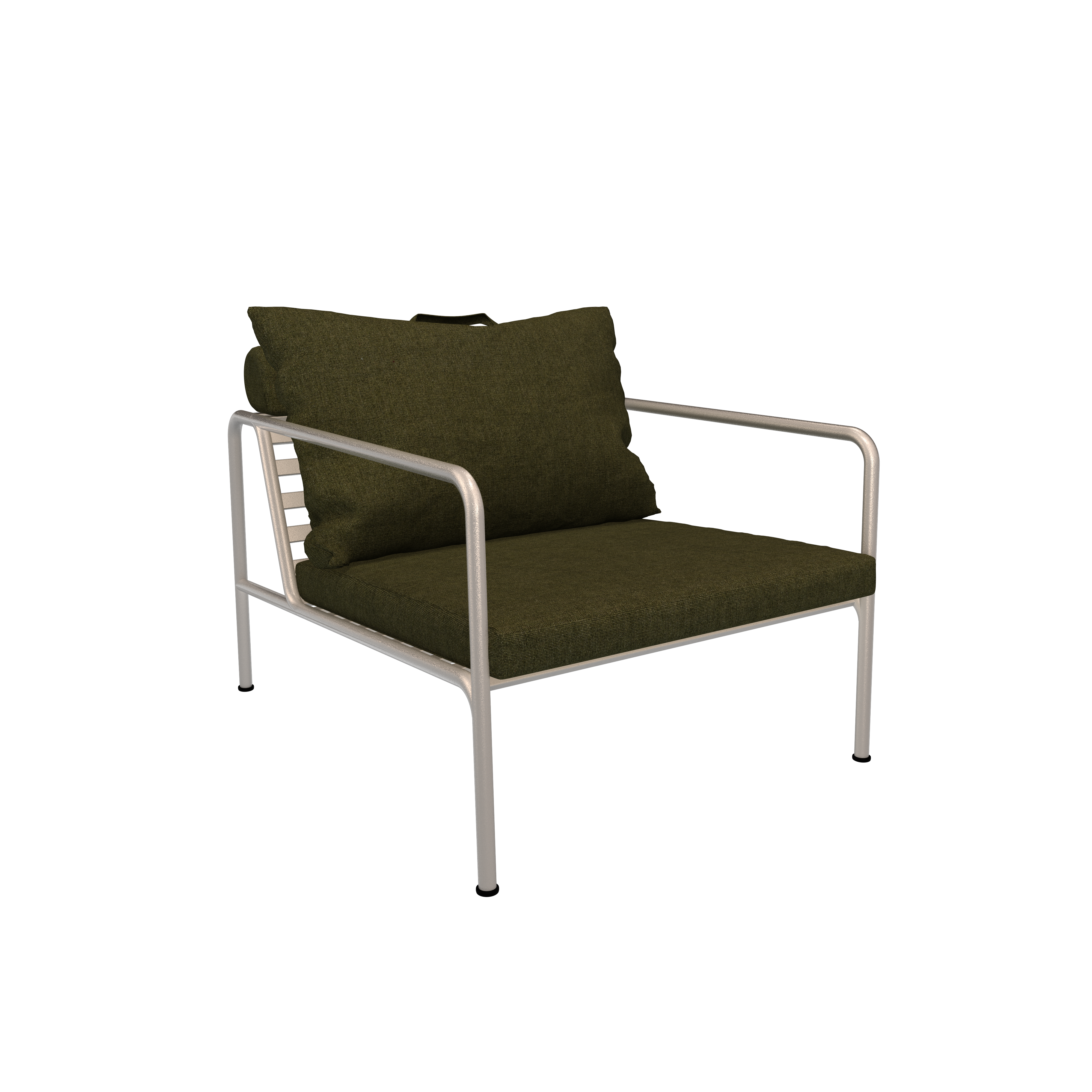 From the Houe AVON collection, the Avon Lounge Chair features a metal frame with green cushions set against a black background. Its slim, straight armrests and modern design promise enduring style and comfort, made with UV-protected materials.