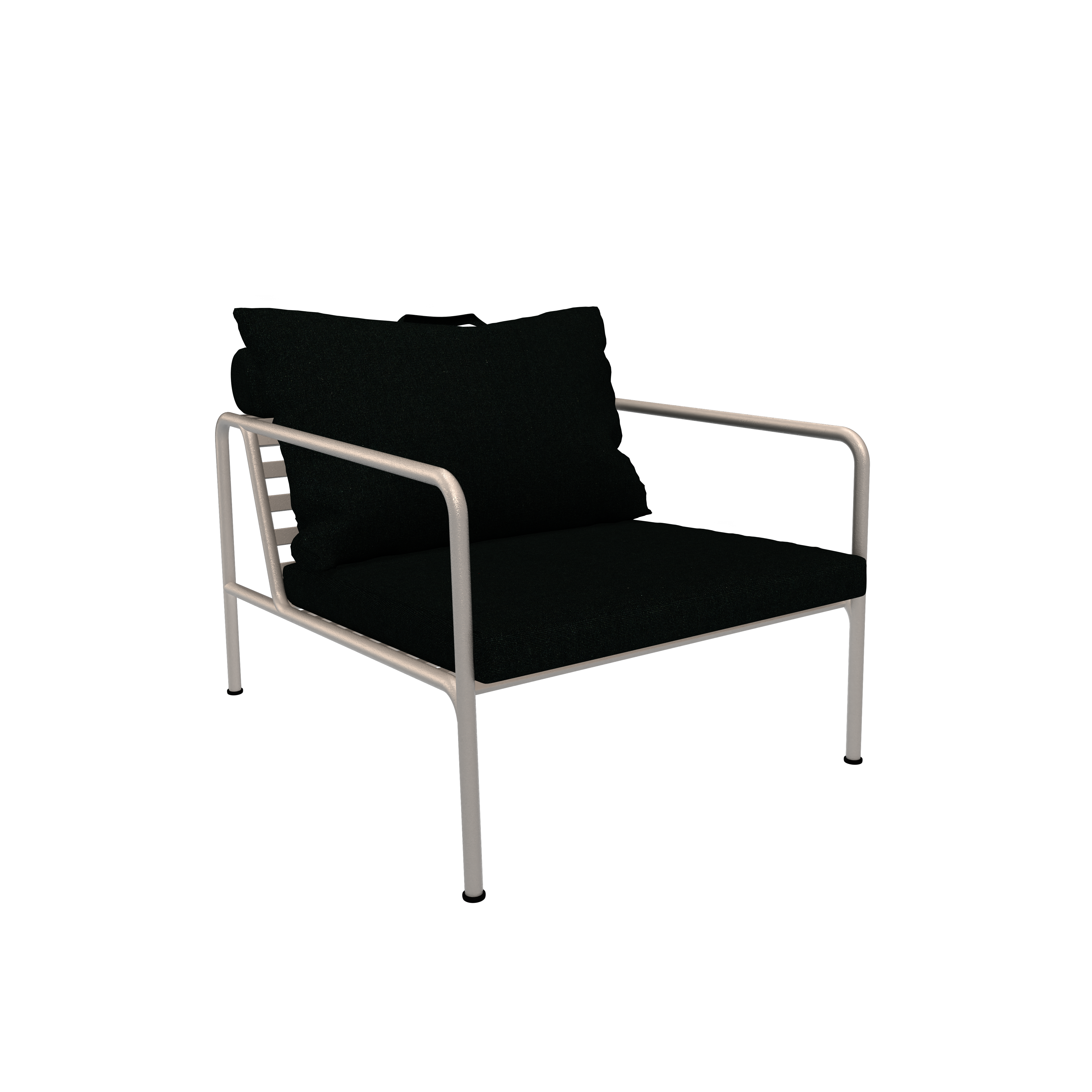The Avon Lounge Chair by Houe boasts a sleek metal frame and black cushions, showcased against a black background. It features a minimalist design with straight back and armrests, offering contemporary style.