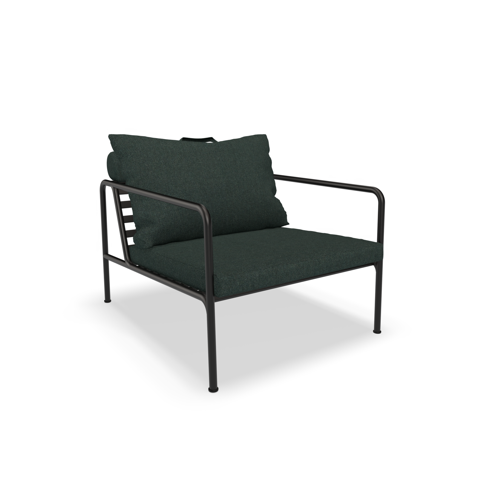 This piece from the Houe AVON collection is a modern lounge chair featuring a solid black metal frame and dark green cushioned seat and backrest. It is weather-resistant with slim armrests and a minimalist design.