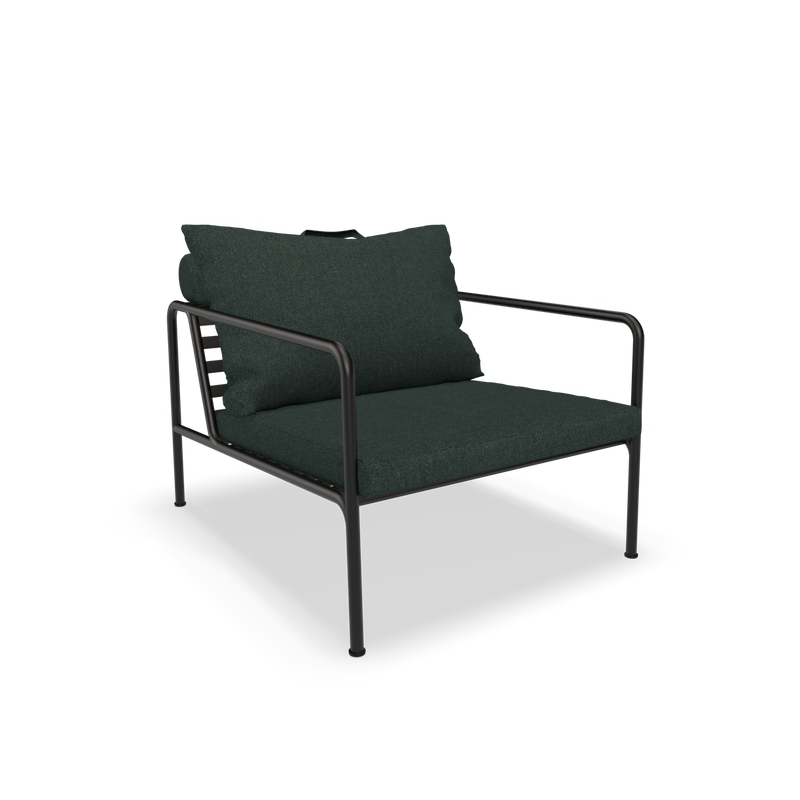 This piece from the Houe AVON collection is a modern lounge chair featuring a solid black metal frame and dark green cushioned seat and backrest. It is weather-resistant with slim armrests and a minimalist design.