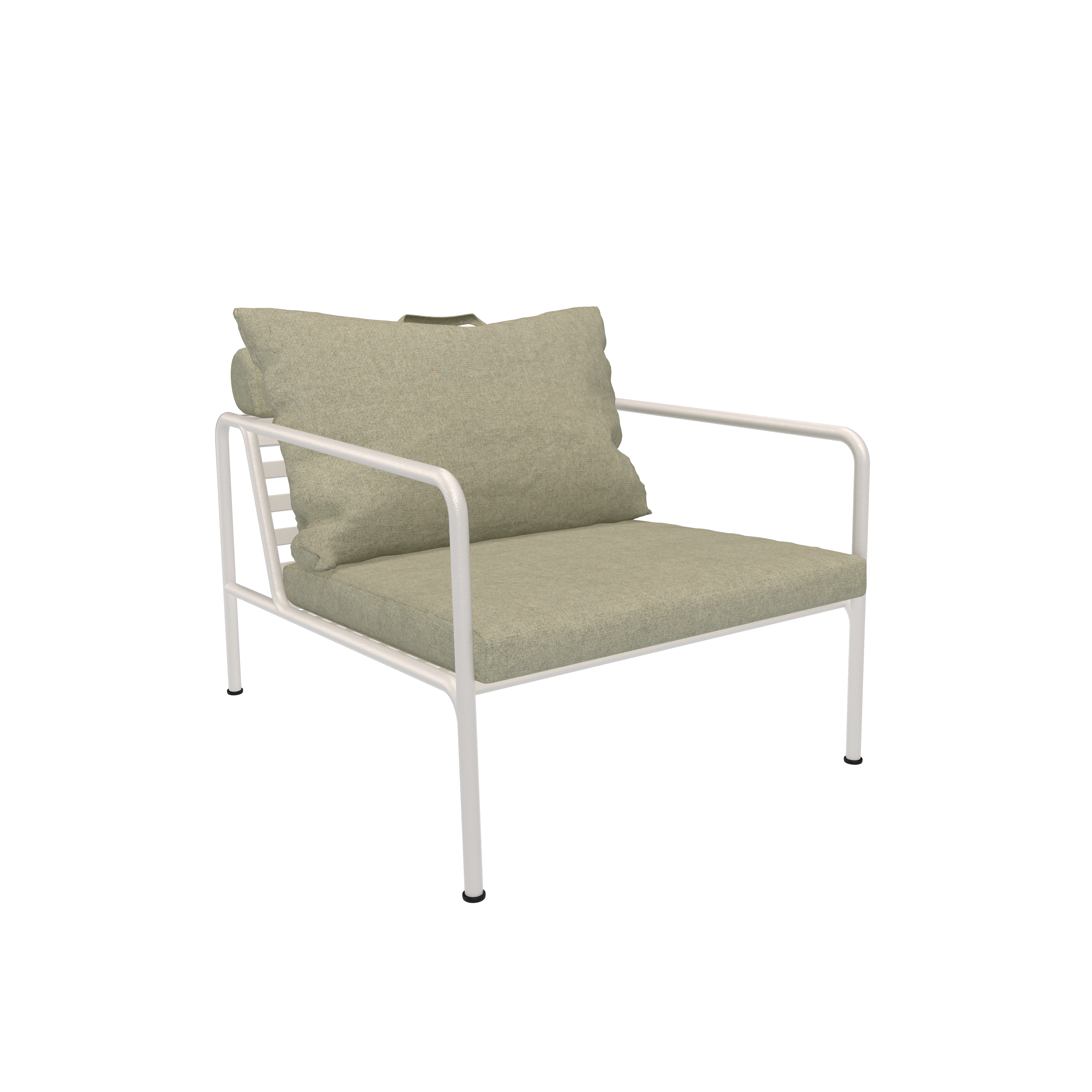 The Avon Lounge Chair by Houe has a minimalist design with a light cushion and white metal frame, featuring a rectangular back cushion and wide seat against a plain black background.