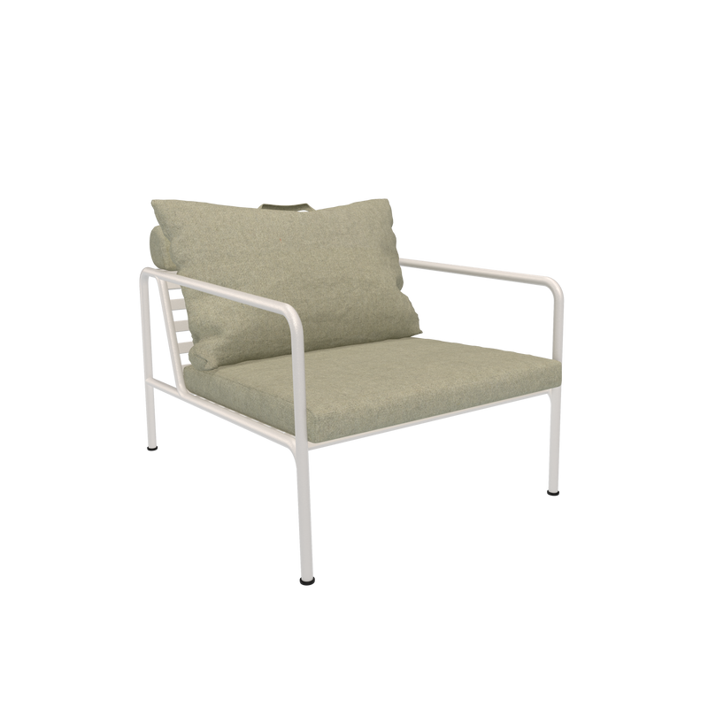 The Avon Lounge Chair by Houe has a minimalist design with a light cushion and white metal frame, featuring a rectangular back cushion and wide seat against a plain black background.