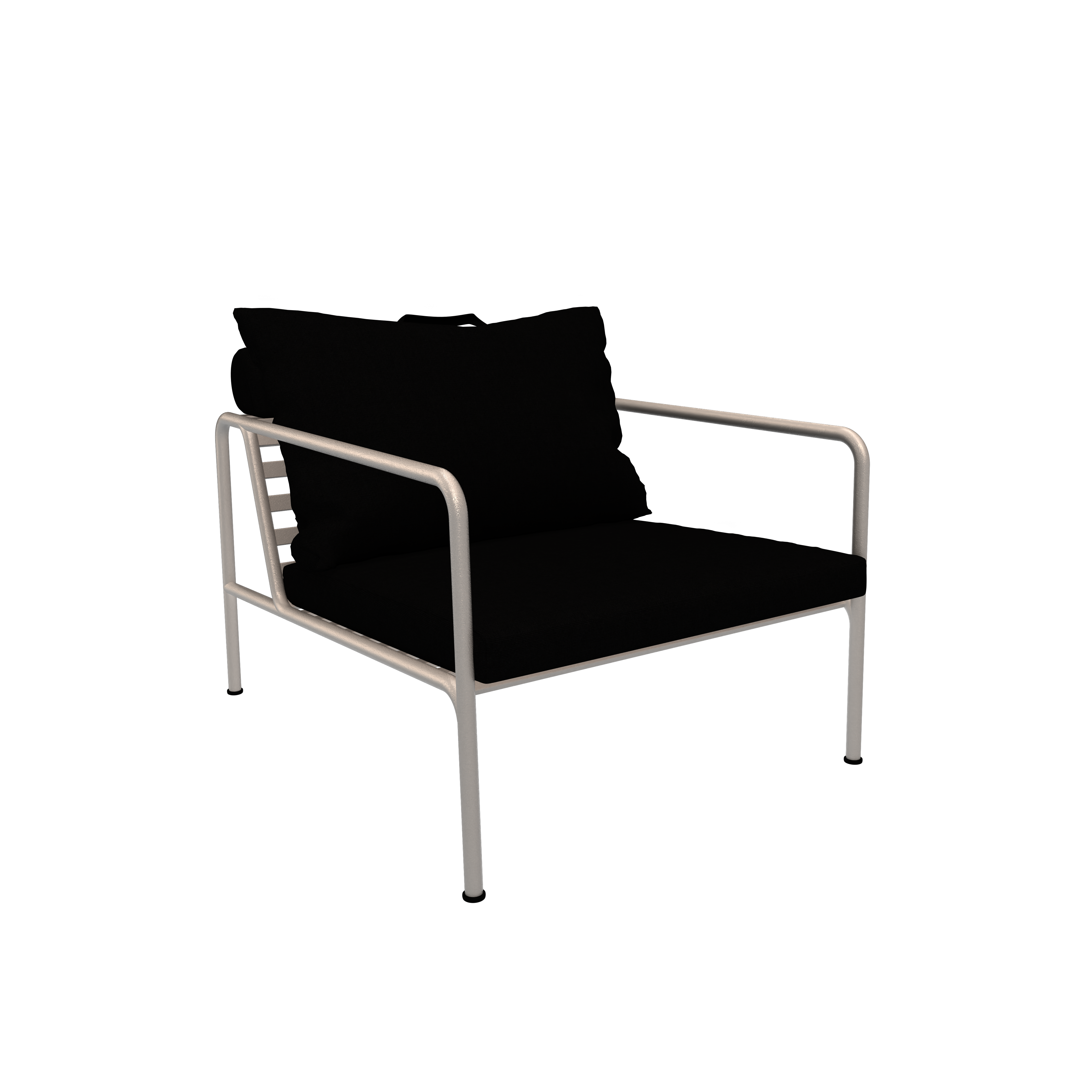 The Avon Lounge Chair by Houe is a modern piece with a sleek metal frame and UV-protected black cushions. Its minimalist design, straight lines, and open structure are enhanced against a black background, reflecting contemporary style. Part of the AVON collection.