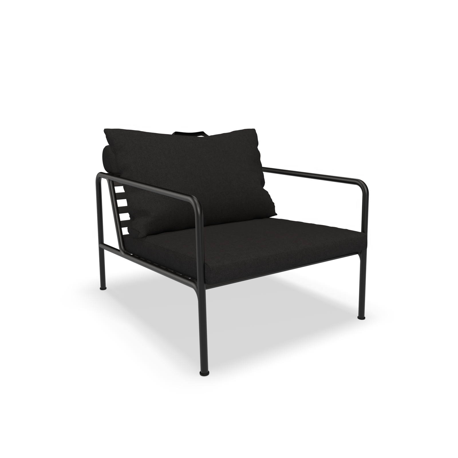 The Avon Lounge Chair by Houe features a minimalist metal frame with straight armrests and thick cushioning. Its modern simplicity, complemented by a matching backrest, makes it ideal for any lounge setting.