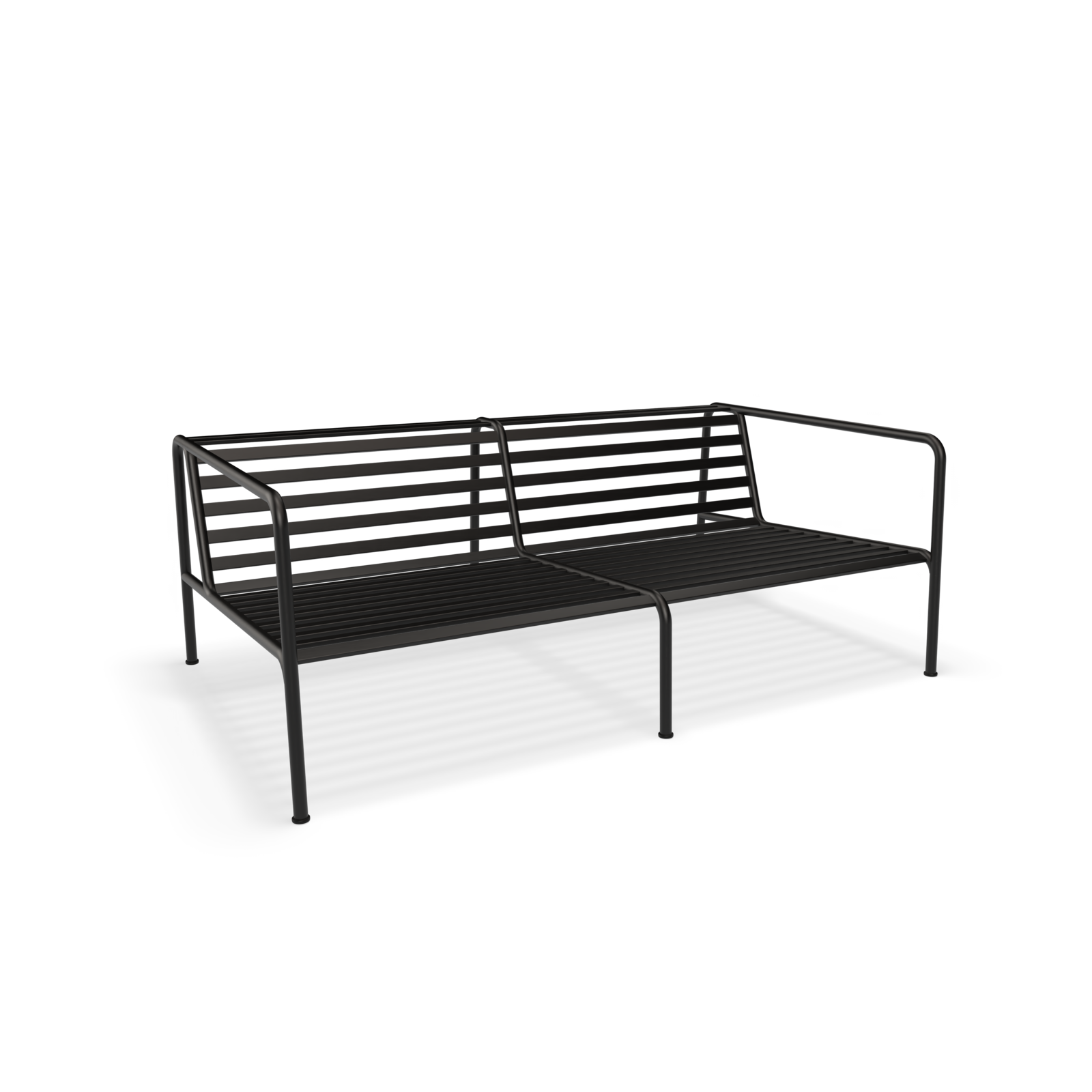 The Avon 2 Seater Sofa by Houe showcases a sleek black metal, minimalist design with slatted seat and backrest, armrests on both sides, and weather-resistant features for versatile indoor or outdoor use.