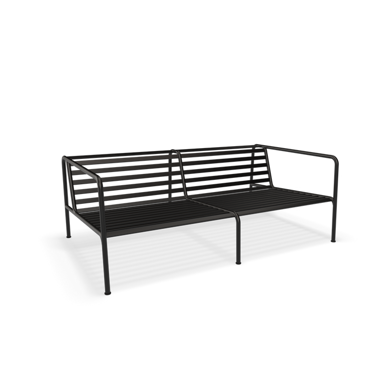 The Avon 2 Seater Sofa by Houe showcases a sleek black metal, minimalist design with slatted seat and backrest, armrests on both sides, and weather-resistant features for versatile indoor or outdoor use.