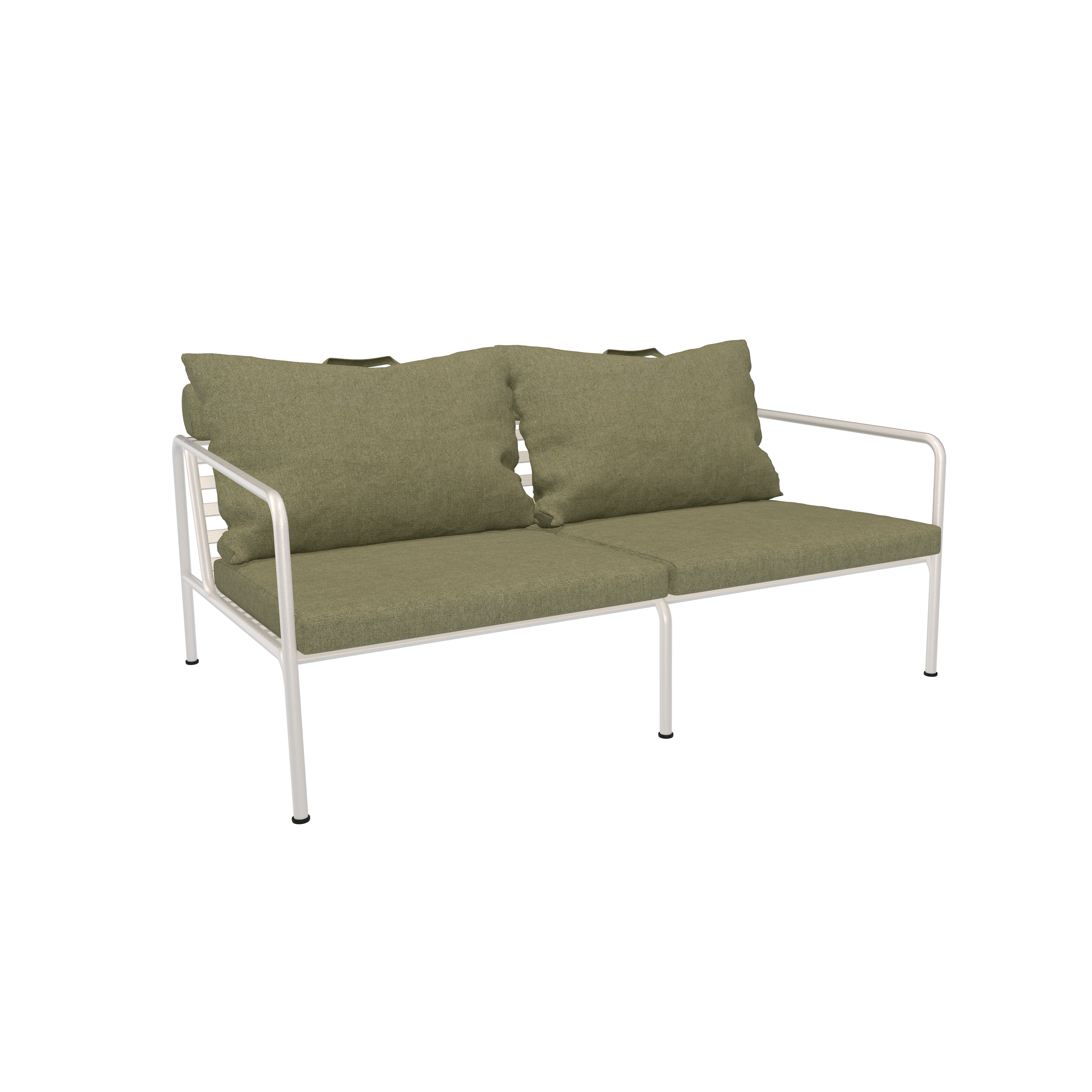 The Avon 2 Seater Sofa by Houe features a green cushion and white metal frame set against a black background. Part of the AVON collection, it includes two large back cushions and boasts a minimalist design ideal for versatile relaxation spaces.