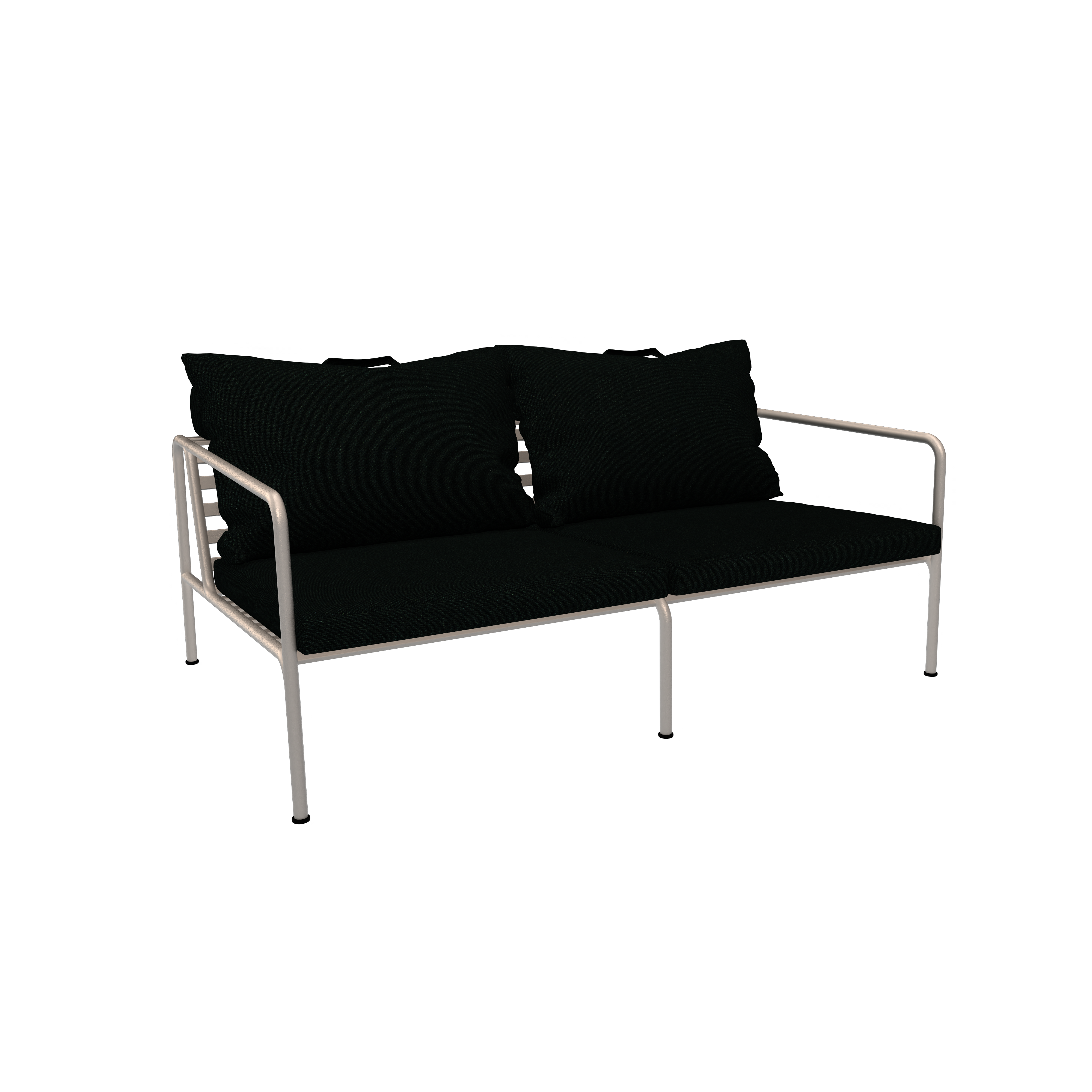 The Avon 2 Seater Sofa by Houe boasts a sleek metal frame and black cushions, all set against a plain black background. This modern sofa includes two seat cushions and two large back cushions, making it ideal for contemporary living spaces.