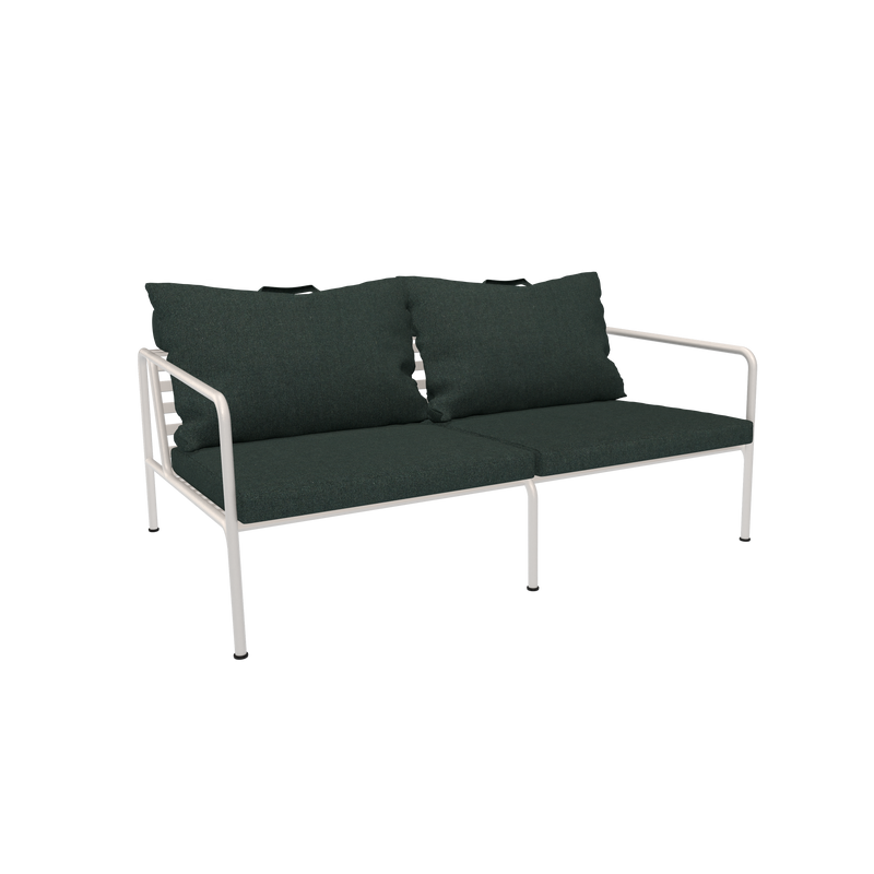 The Avon 2 Seater Sofa by Houe boasts a sleek metal frame and black cushions, all set against a plain black background. This modern sofa includes two seat cushions and two large back cushions, making it ideal for contemporary living spaces.