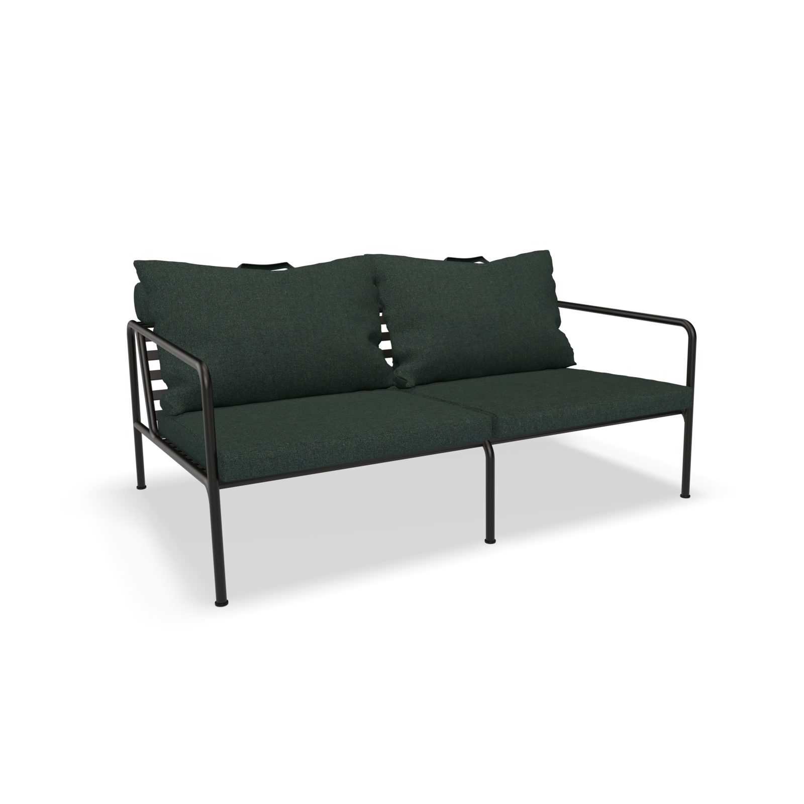 The Avon 2 Seater Sofa by Houe includes plush dark green cushions and a sleek black metal frame. Its minimalist design features straight arms and a weather-resistant build, adding both comfort and style to any lounge setting.