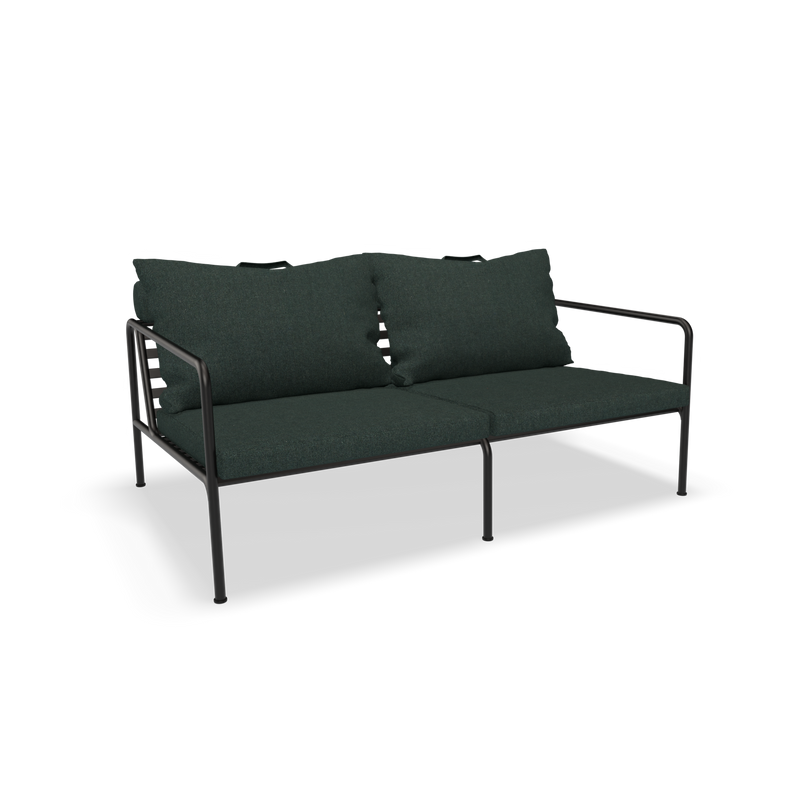 The Avon 2 Seater Sofa by Houe includes plush dark green cushions and a sleek black metal frame. Its minimalist design features straight arms and a weather-resistant build, adding both comfort and style to any lounge setting.