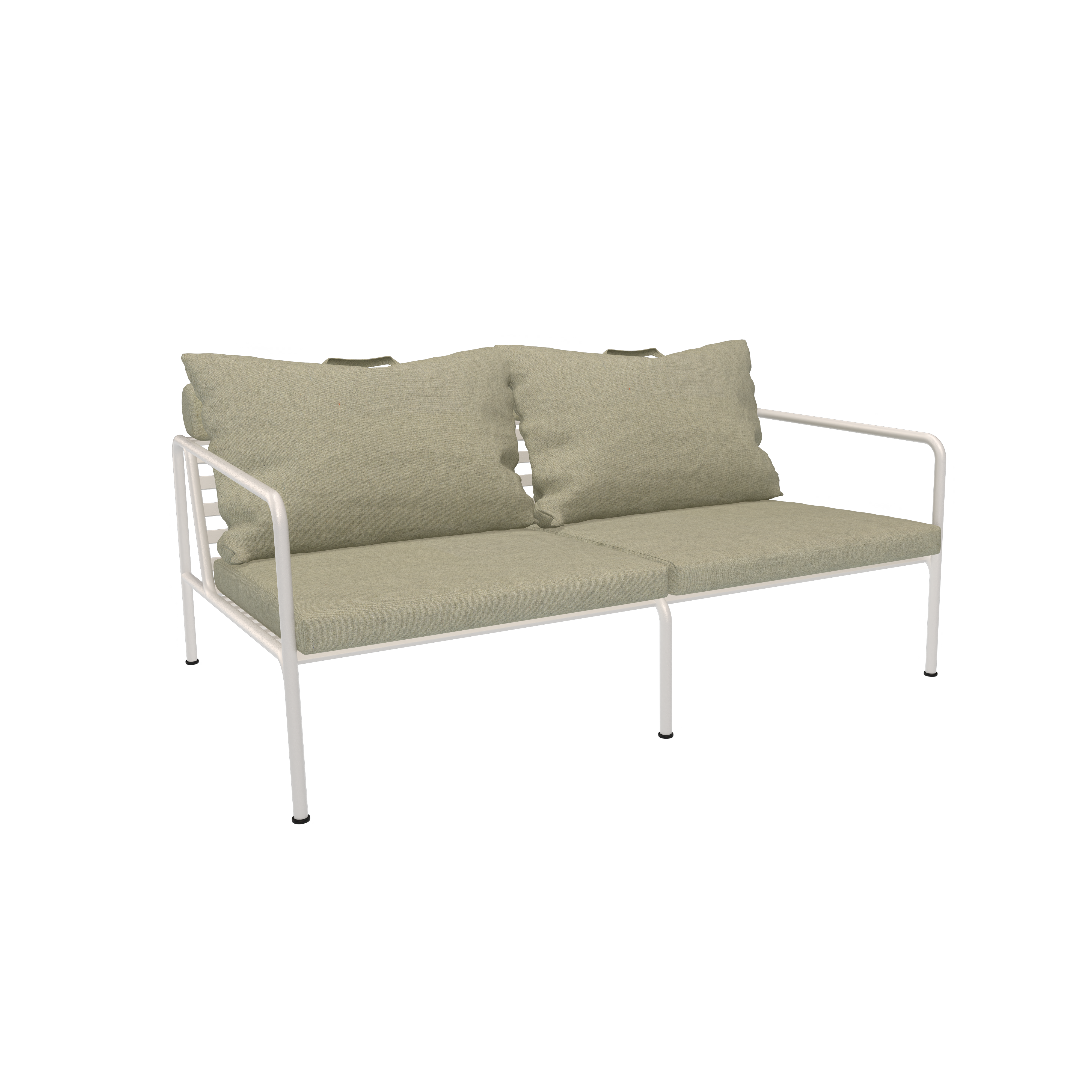 The Houe Avon 2 Seater Sofa from the AVON collection is a minimalist, modern design with a white metal frame, weather resistance, and features two beige cushions on backrest and seat against a black backdrop.