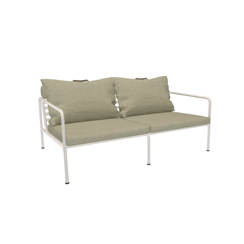 The Houe Avon 2 Seater Sofa from the AVON collection is a minimalist, modern design with a white metal frame, weather resistance, and features two beige cushions on backrest and seat against a black backdrop.