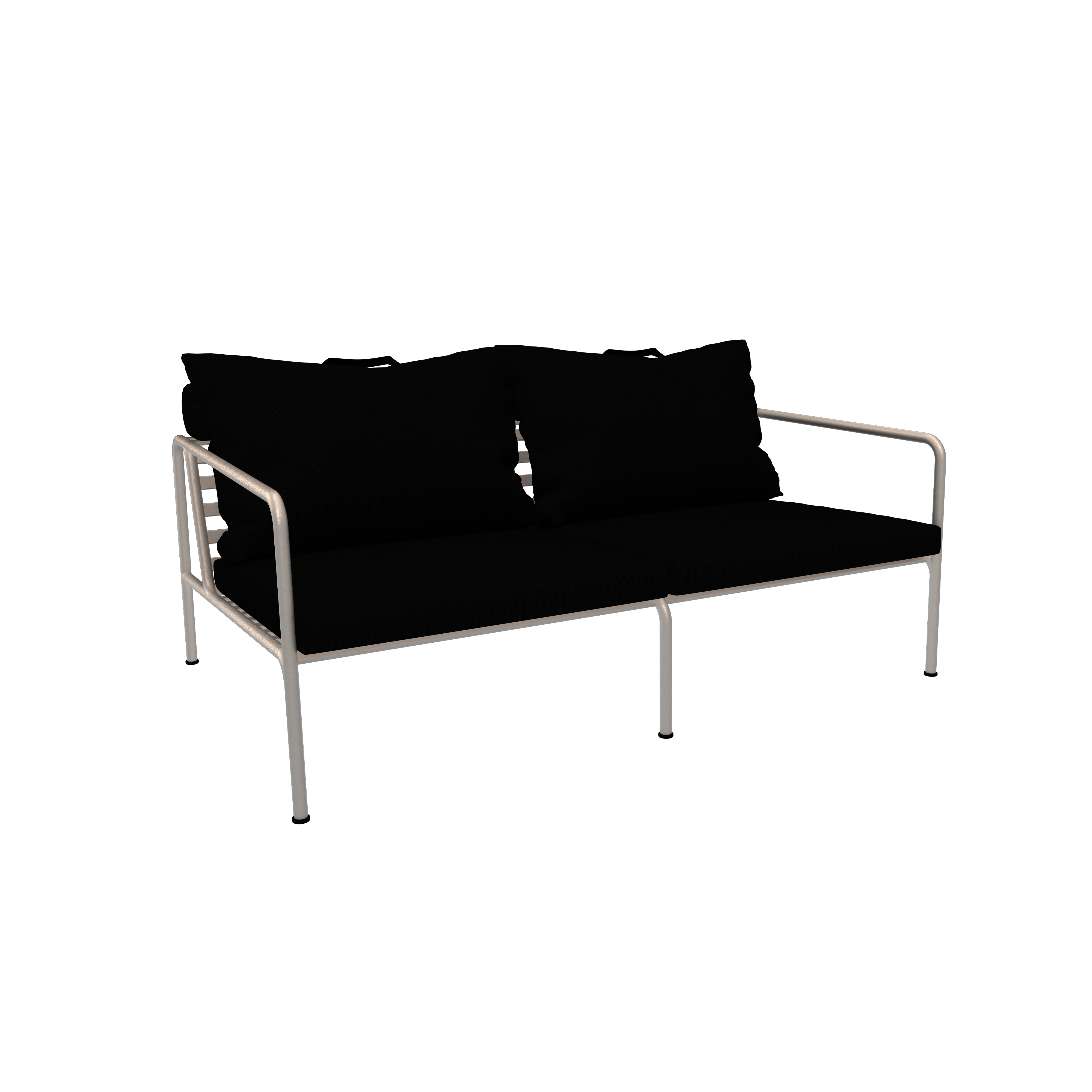The Avon 2 Seater Sofa by Houe features a sleek white metal frame with two seat and back cushions. This modern black sofa is part of the exclusive collection and adds a touch of style to any setting.