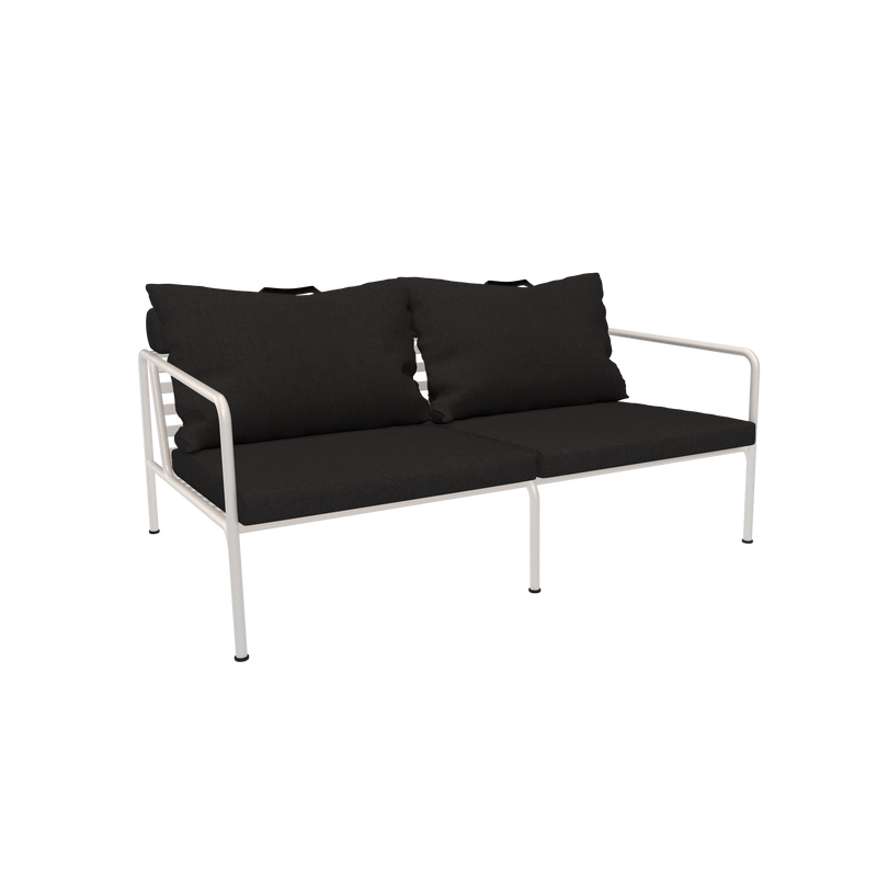 The Avon 2 Seater Sofa by Houe features a sleek white metal frame with two seat and back cushions. This modern black sofa is part of the exclusive collection and adds a touch of style to any setting.