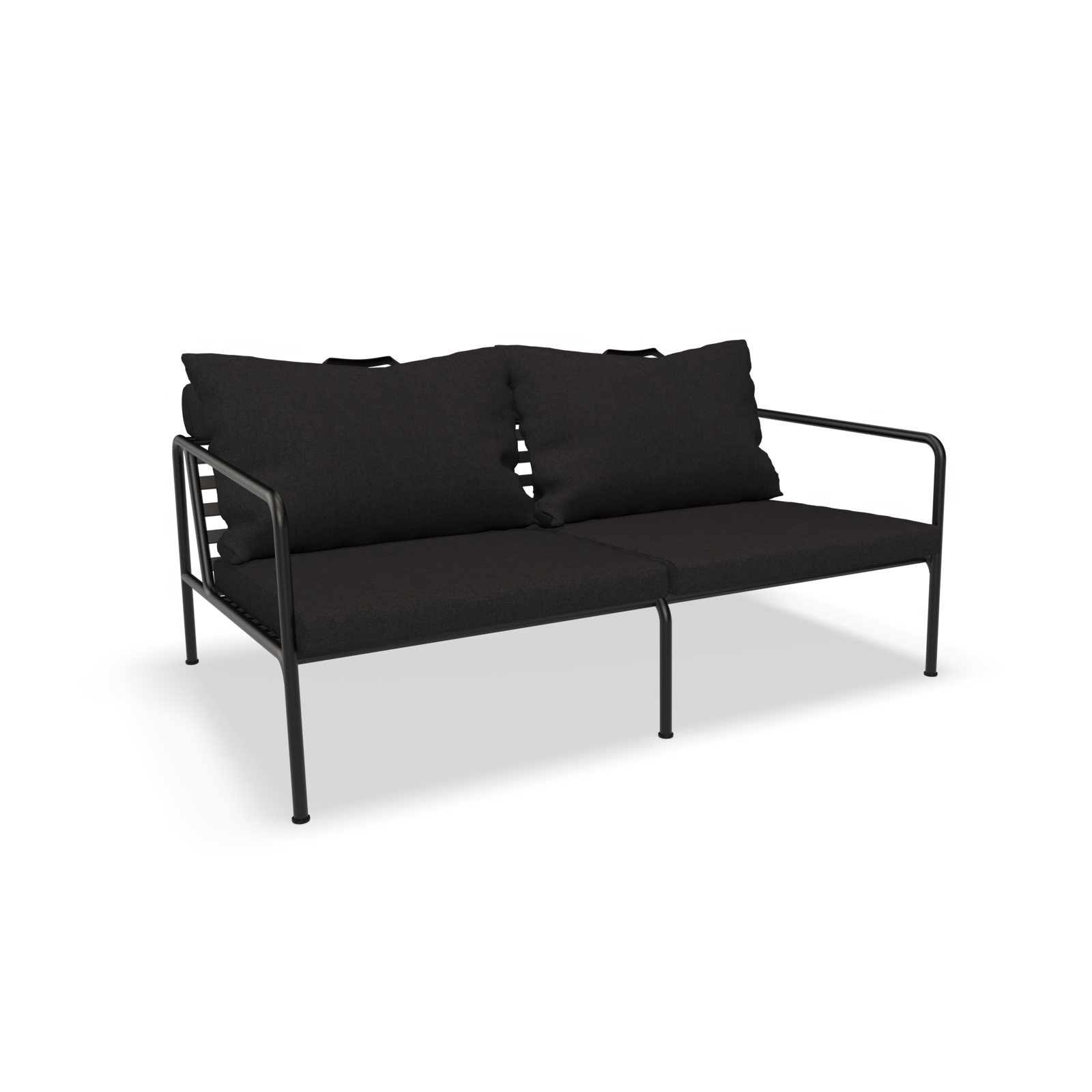 The Avon 2 Seater Sofa by Houe features a sleek metal frame and dark cushions. Its modern design includes square armrests, creating a minimalist style suitable for any living room or office.