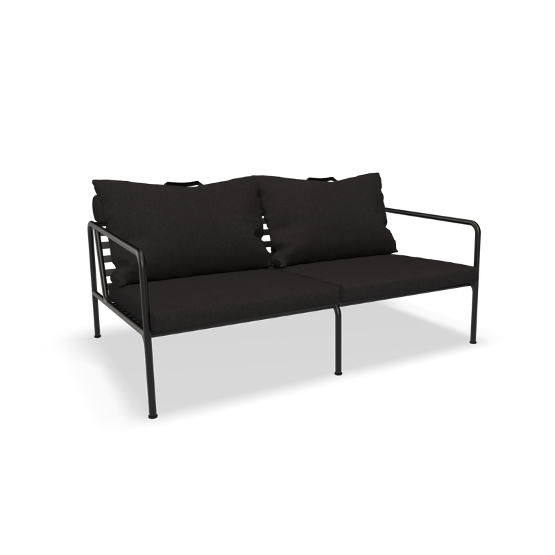 The Avon 2 Seater Sofa by Houe features a sleek metal frame and dark cushions. Its modern design includes square armrests, creating a minimalist style suitable for any living room or office.