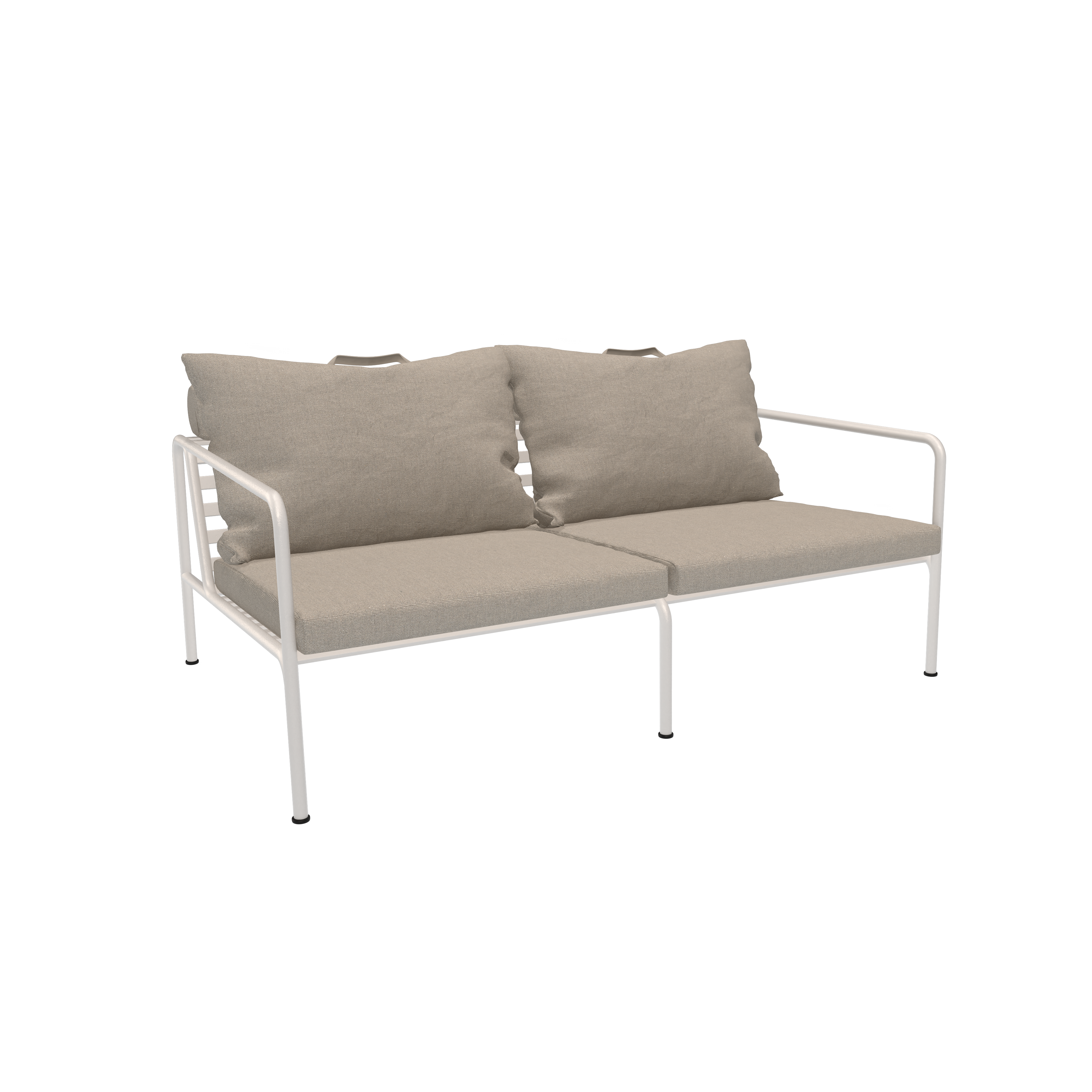 Avon 2 Seater Sofa with sleek white powder coated steel frame and beige sunbrella cushions, weather resistant design.