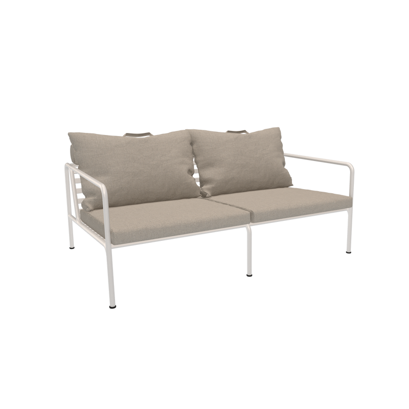 Avon 2 Seater Sofa with sleek white powder coated steel frame and beige sunbrella cushions, weather resistant design.