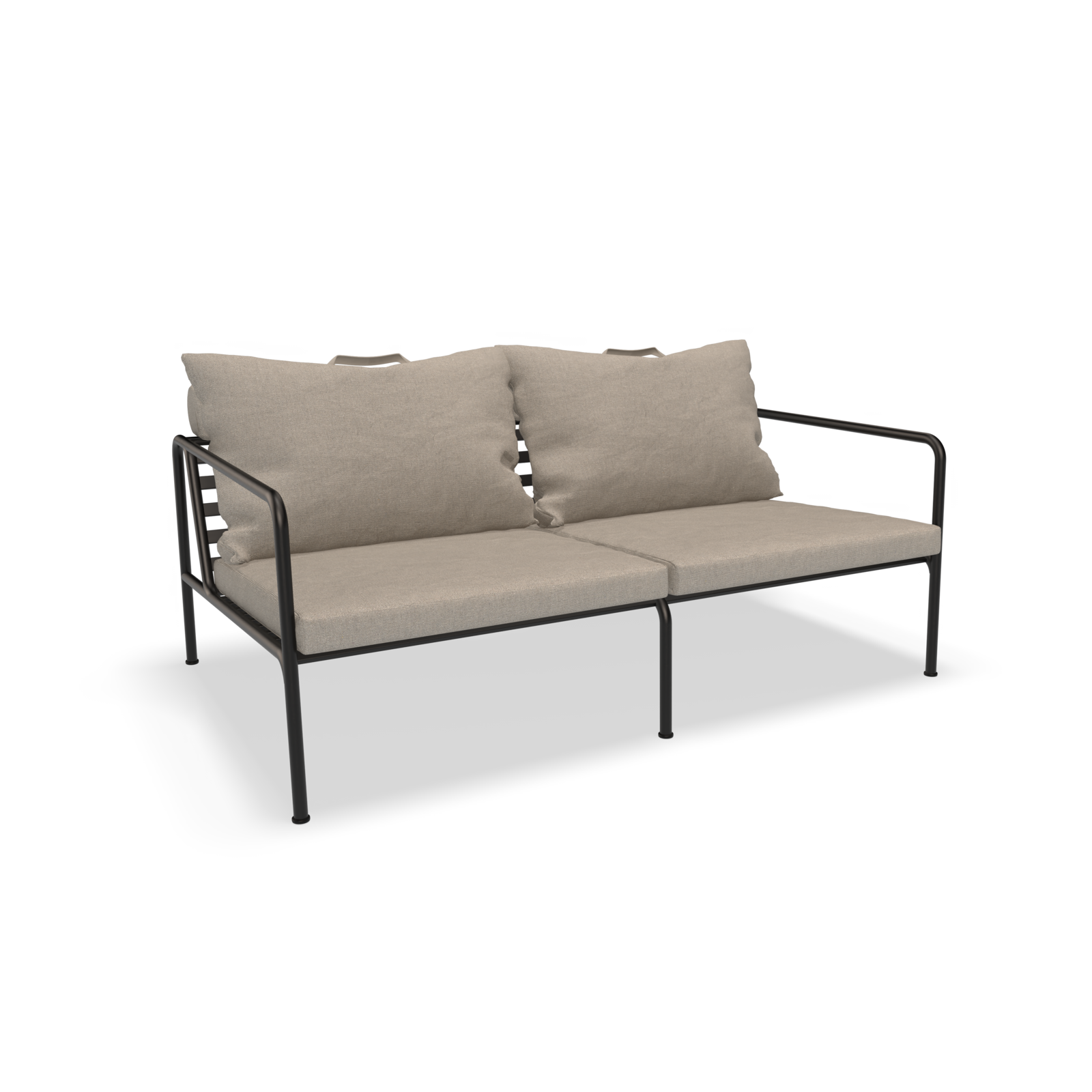 Discover the Avon 2 Seater Sofa by Houe. With a sleek black metal frame and beige cushions, it boasts clean lines and plush seating. Ideal for contemporary spaces, this modern sofa is designed with weather-resistant materials for durability.