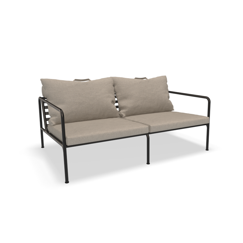 Discover the Avon 2 Seater Sofa by Houe. With a sleek black metal frame and beige cushions, it boasts clean lines and plush seating. Ideal for contemporary spaces, this modern sofa is designed with weather-resistant materials for durability.