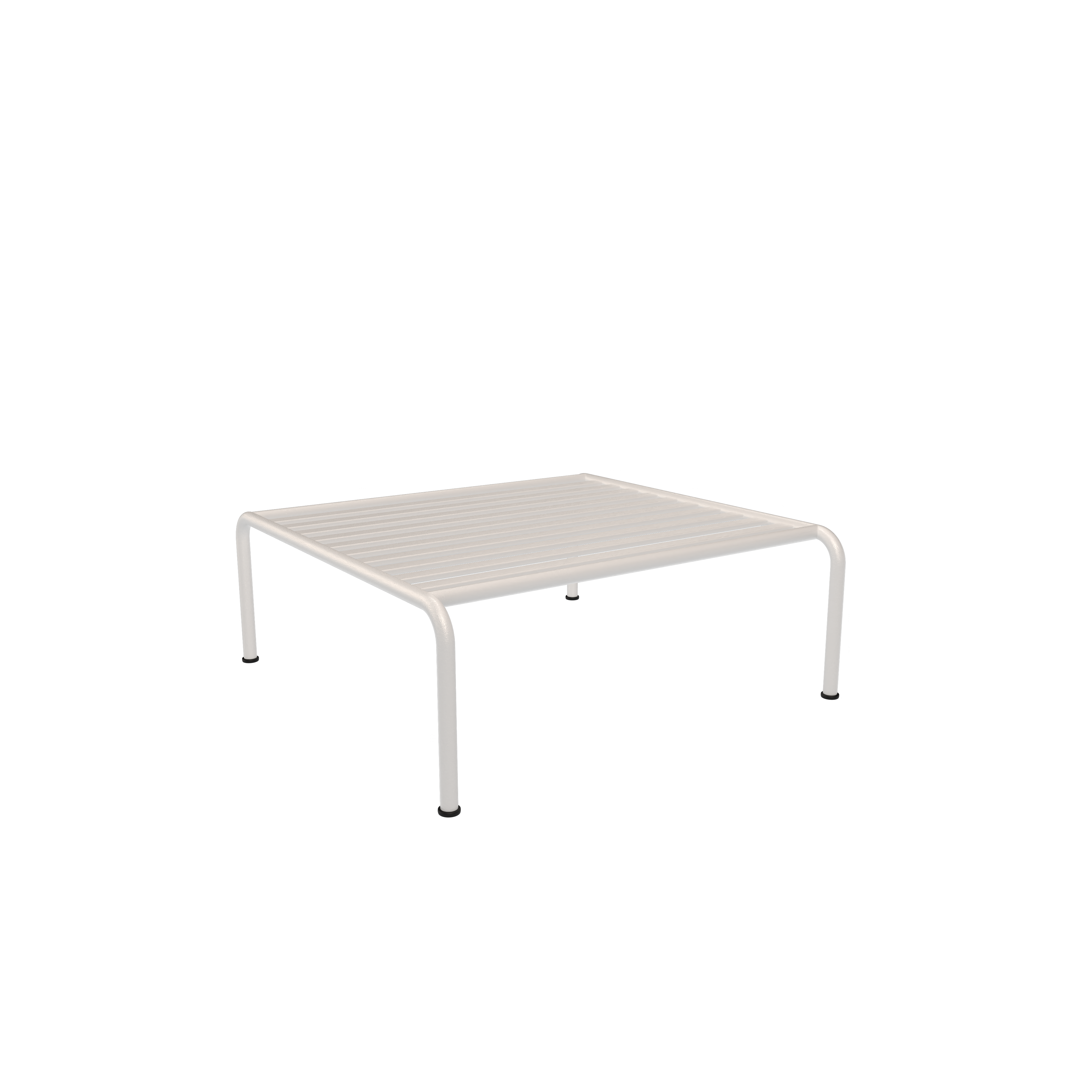 The Houe Avon Ottoman features a minimalist white metal platform design with four sturdy legs and slats, elegantly set against a solid black background.
