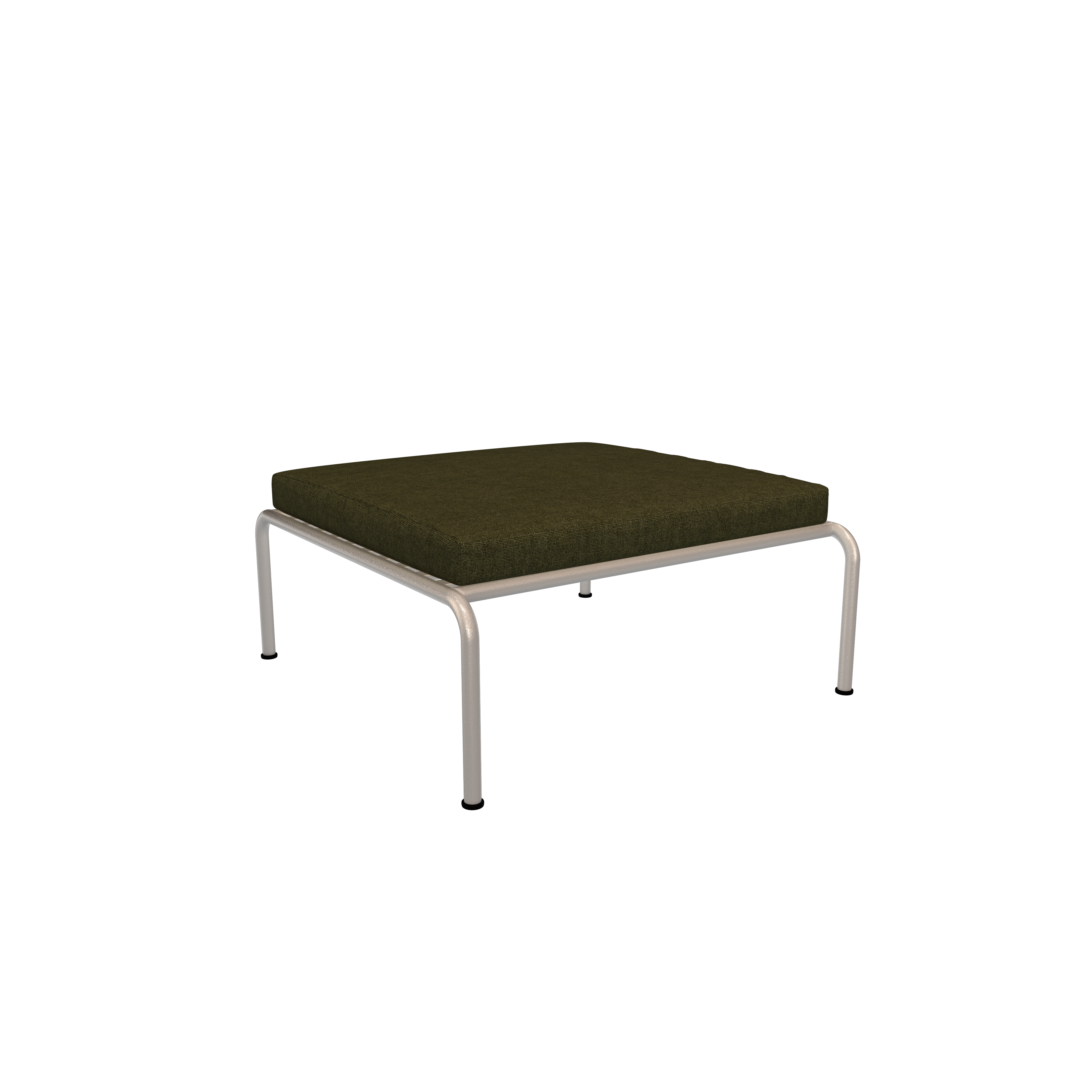 From the Houe Avon collection, this minimalist ottoman boasts a dark green cushion and sleek metal legs, all set against a simple black backdrop.