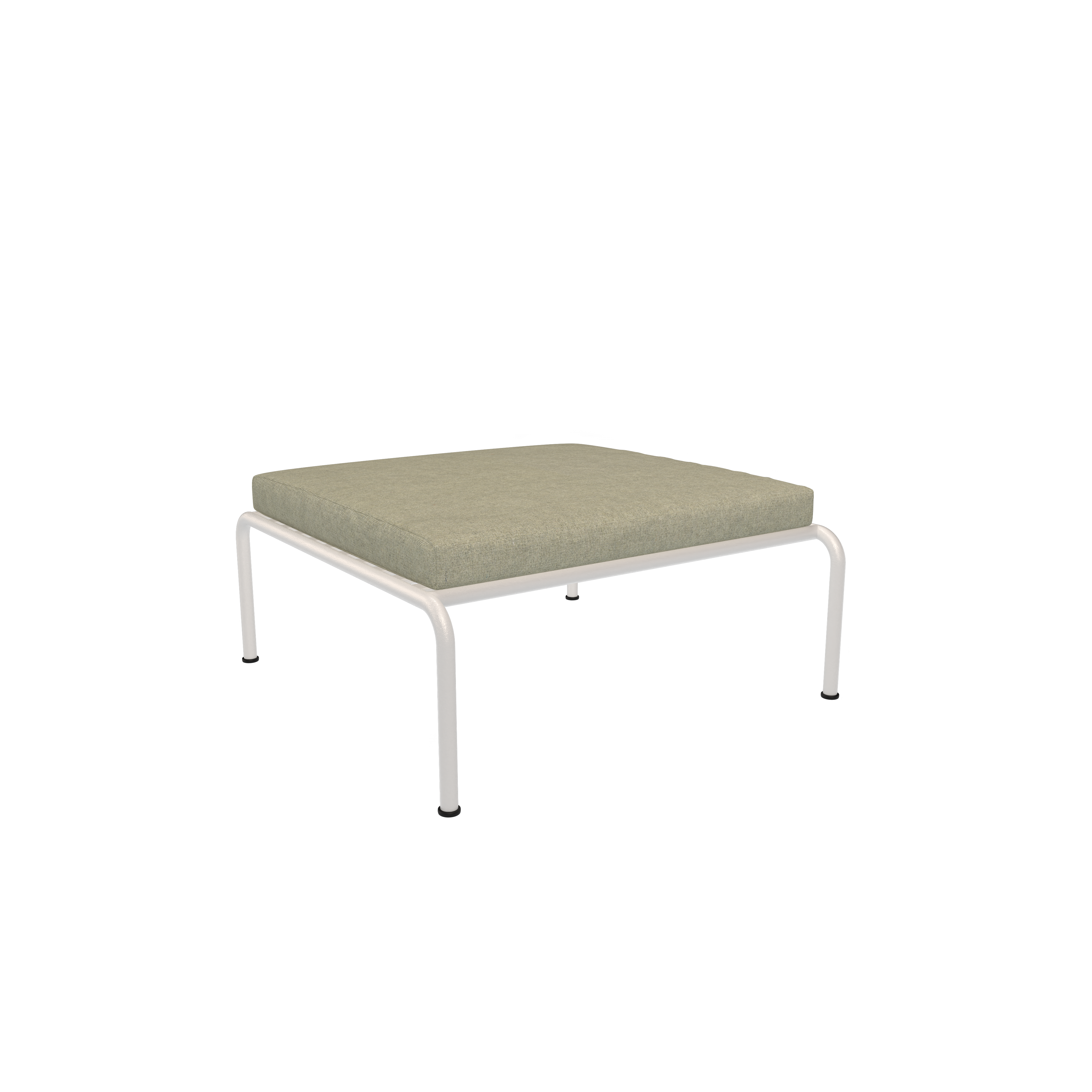 Introducing the Avon Ottoman from Houe: a sleek, minimalist square design featuring a gray cushion and white metal legs, elegantly contrasting against a solid black backdrop.
