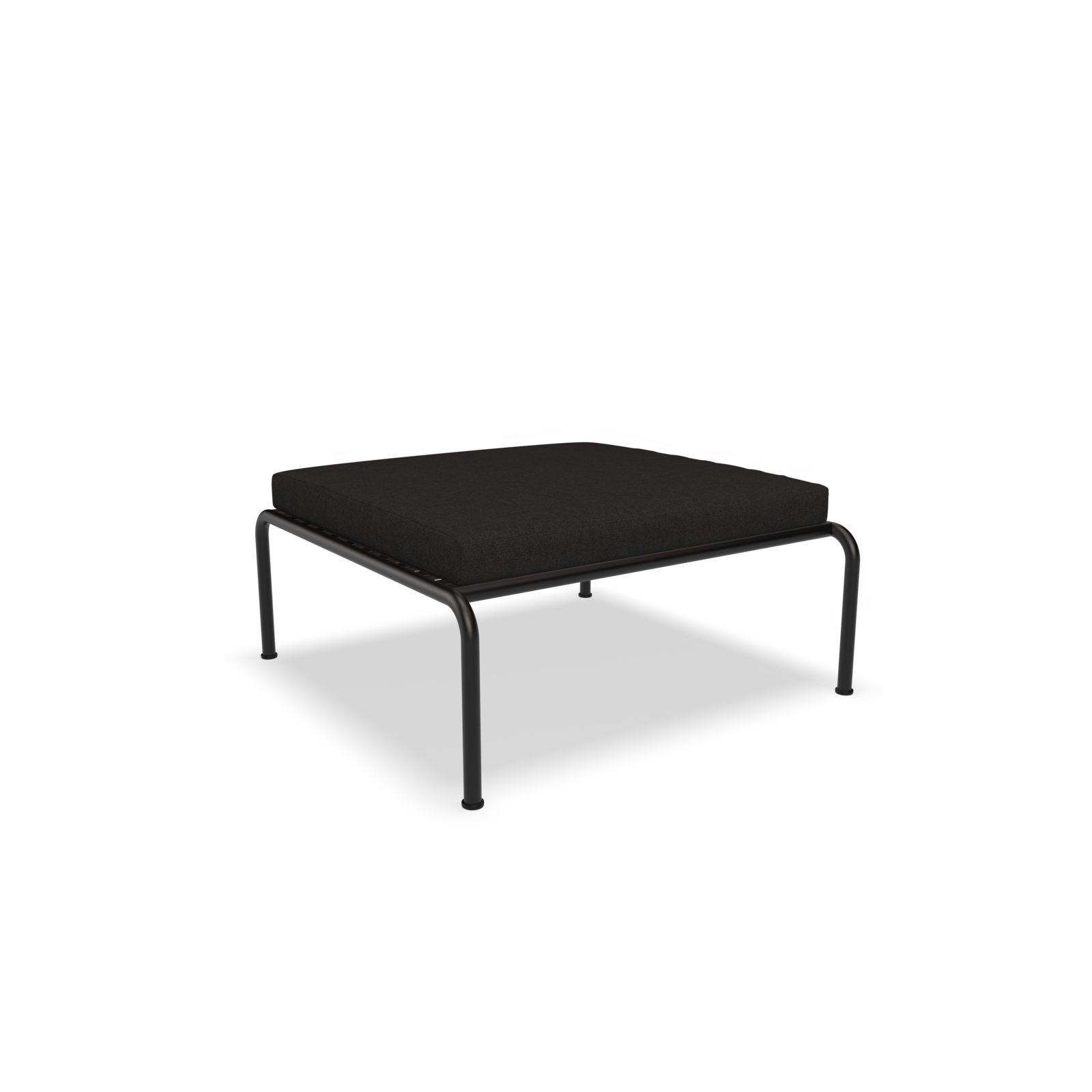 The Avon Ottoman by Houe is a minimalist black square stool with a cushioned seat and four slender, slightly curved metal legs on a transparent background.