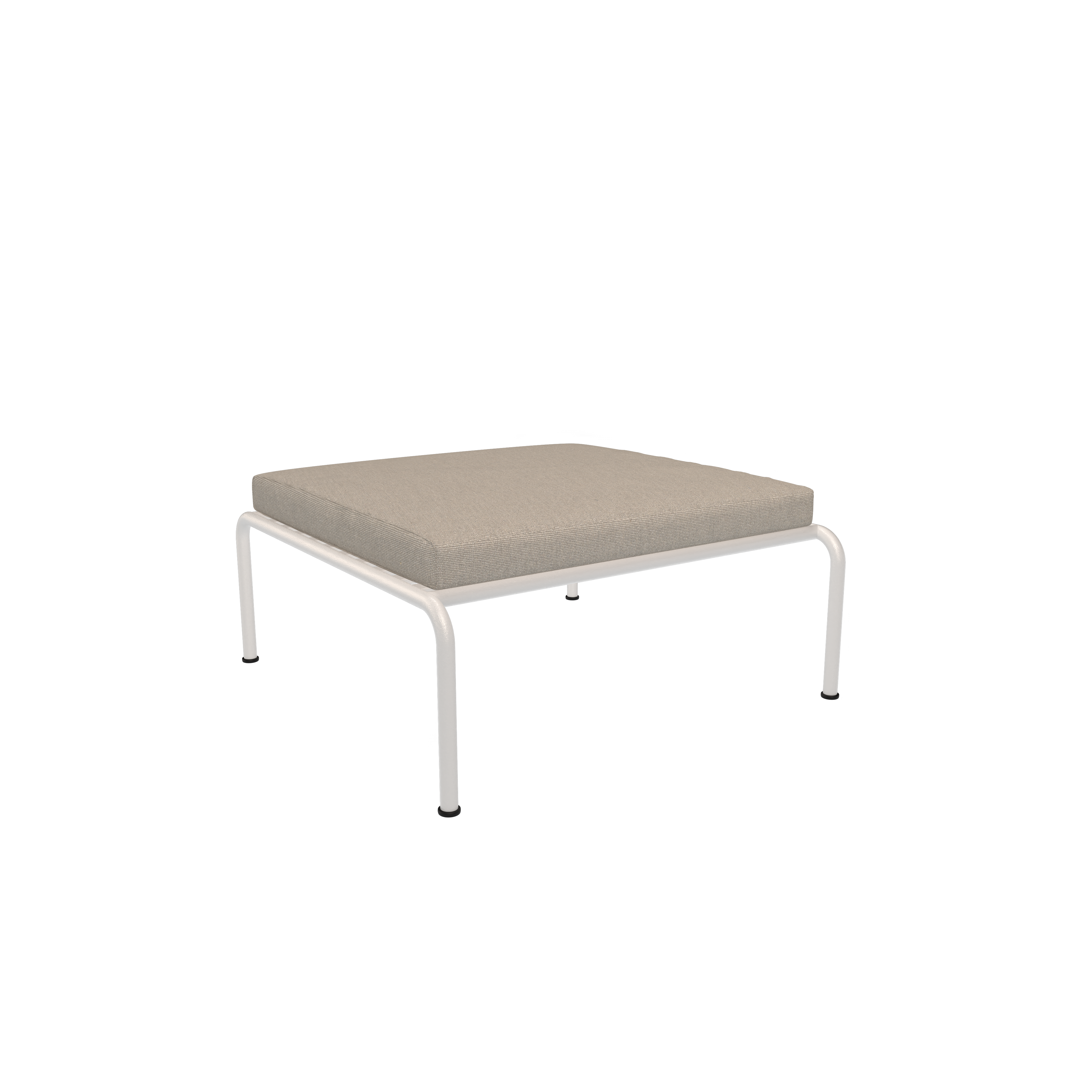 Part of the Houe collection, the Avon Ottoman features a gray cushion with a white metal frame on a black background. It perfectly blends style and functionality and is weather-resistant for lasting use in any setting.