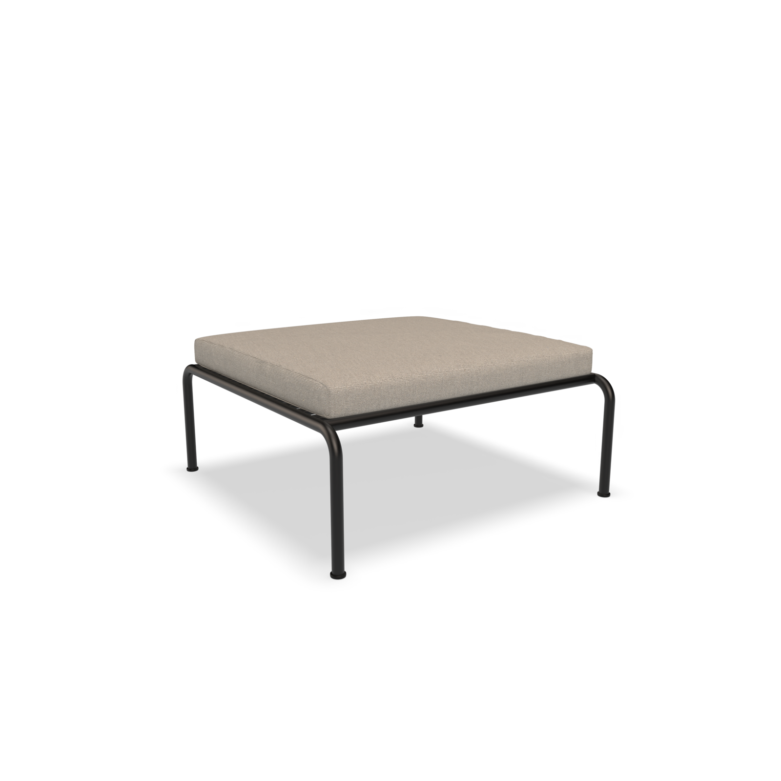 The Avon Ottoman by Houe features a minimalist design with a beige cushioned seat and slender black metal legs, showcased against a plain white background. Perfect addition to any lounge collection.