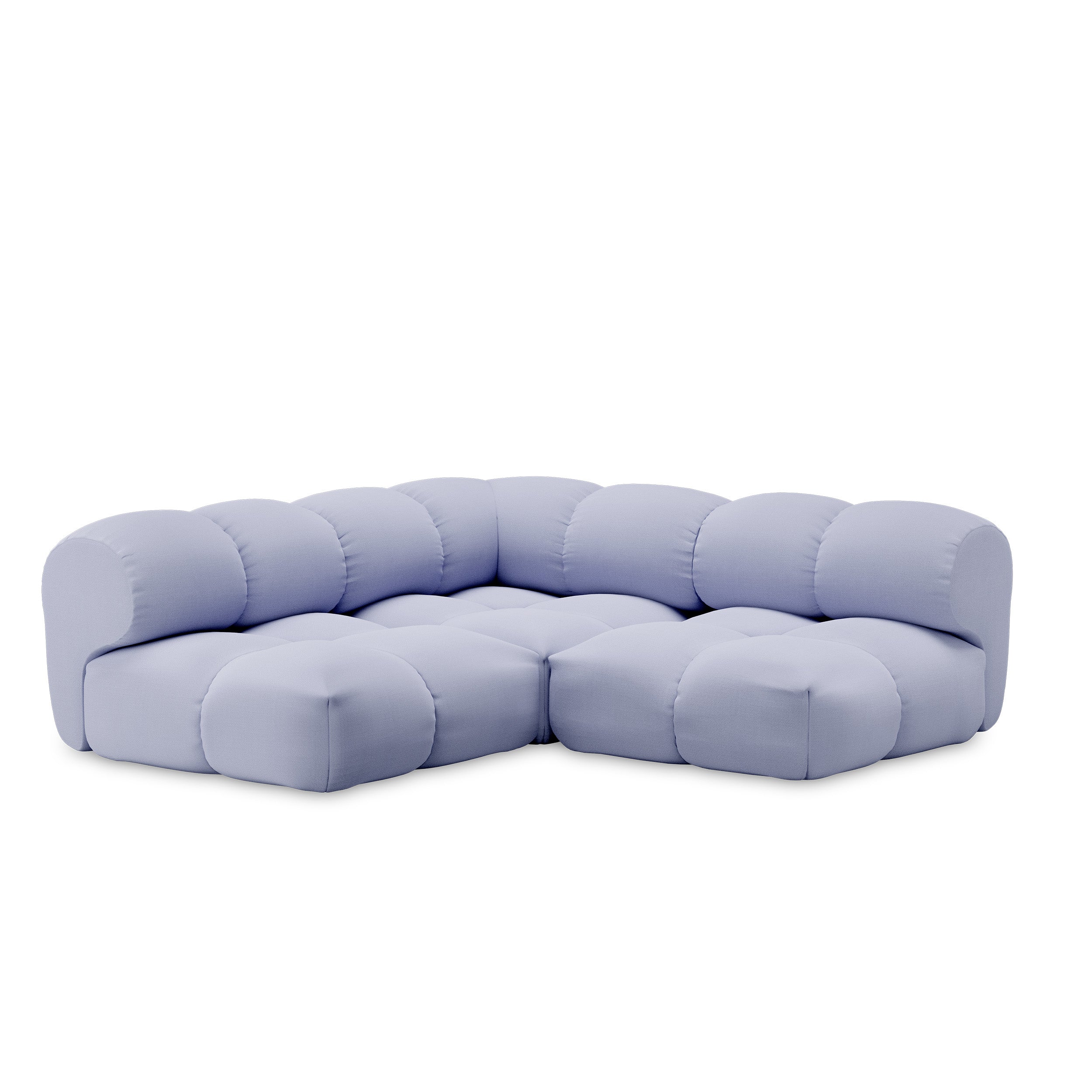 The Sander Sofa by Objekte unserer Tage is a plush, pastel blue sectional with ultrasoft upholstery and a tufted design. It forms a semi-circle shape, featuring cushioned backrests and seating for a cozy, modern look inspired by postmodernism.