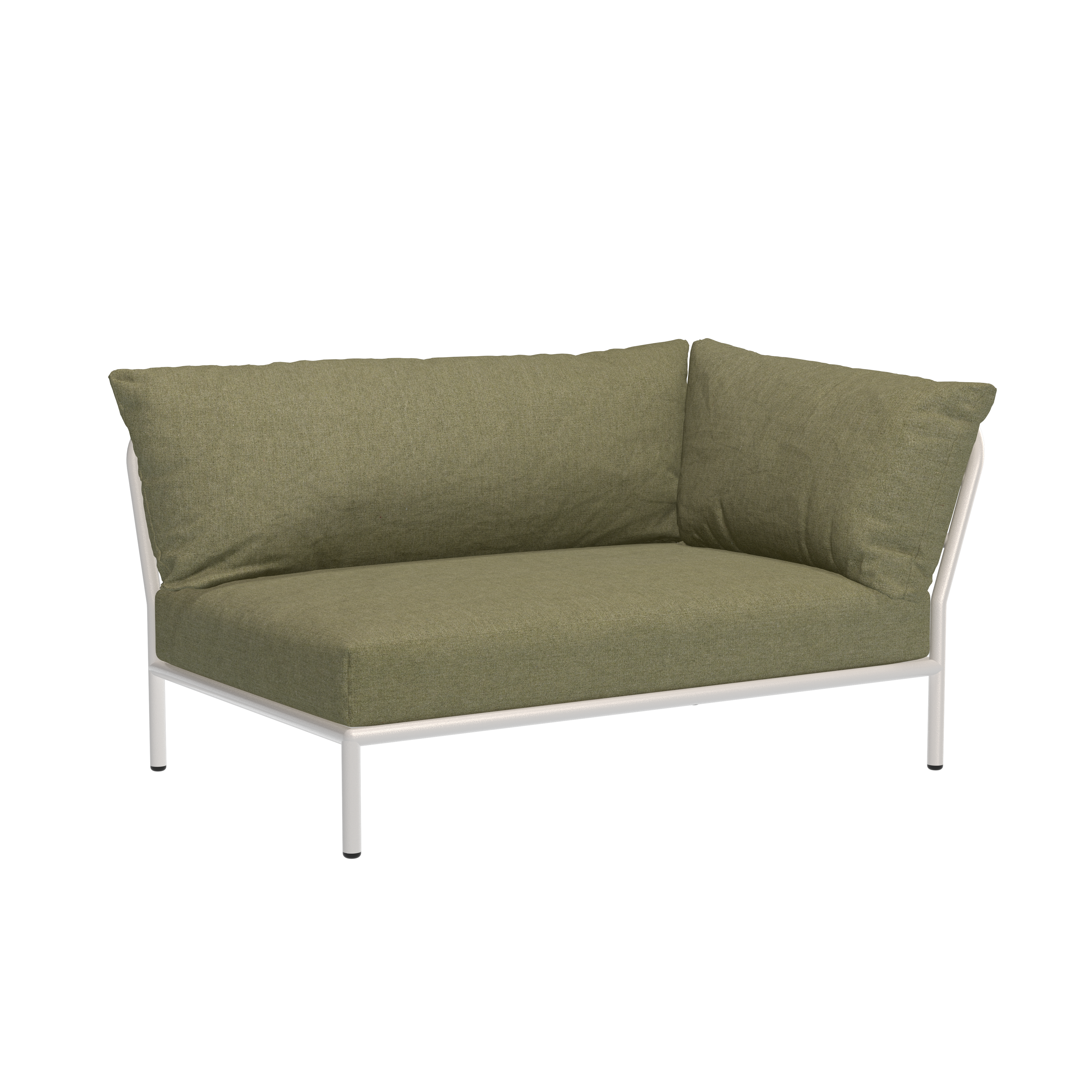 The Level Corner Sofa by Houe is a modern, minimalist corner piece in a right-angle shape. It features olive green Sunbrella fabric cushions and a sleek powder-coated aluminum frame, making it perfect for contemporary living spaces.