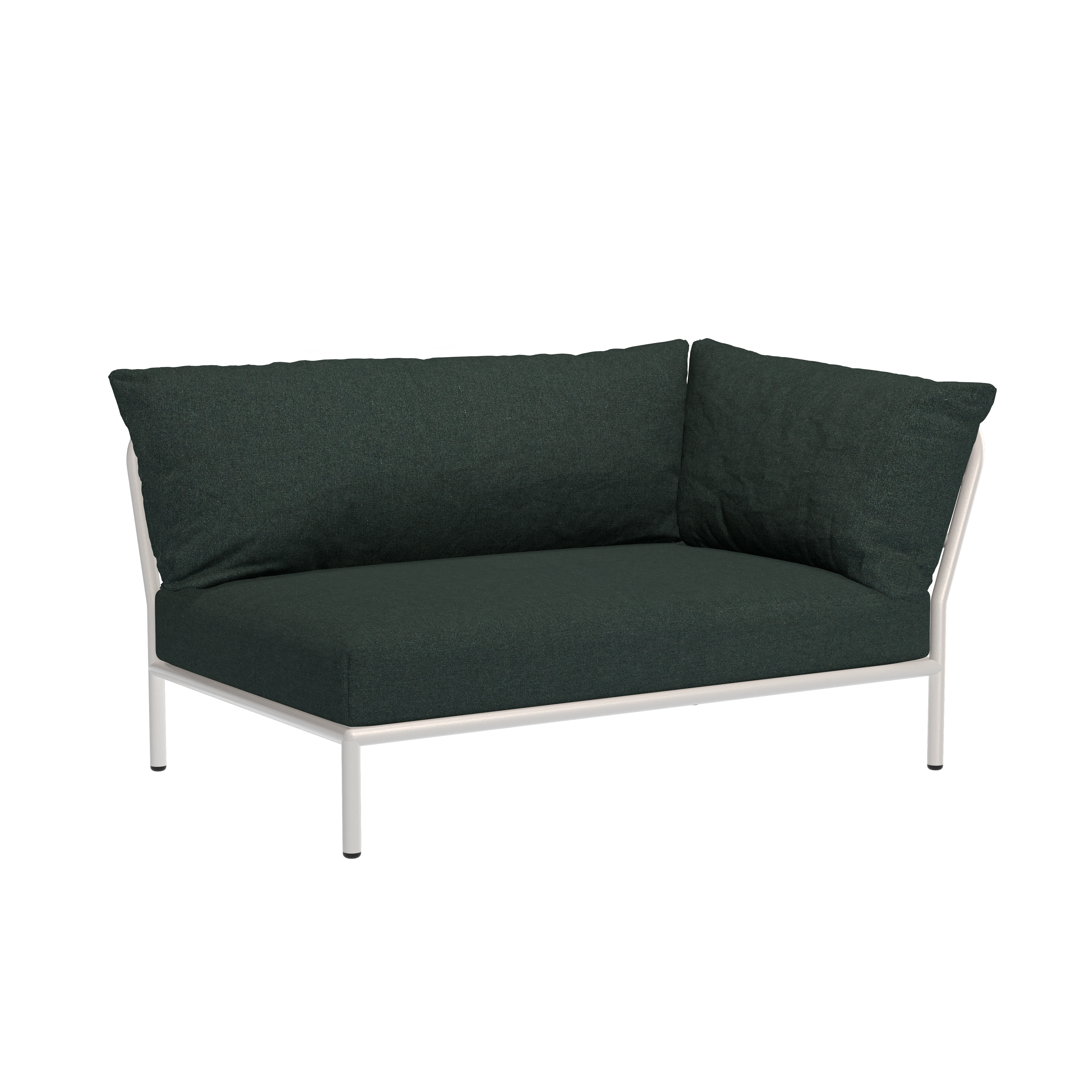 The Houe Level Corner Sofa is a modern minimalist piece featuring green Sunbrella fabric cushions, a white powder-coated aluminum frame, and an armrest and backrest on the left side. Its designed for versatile indoor or outdoor use with a sleek structure against a plain black background.