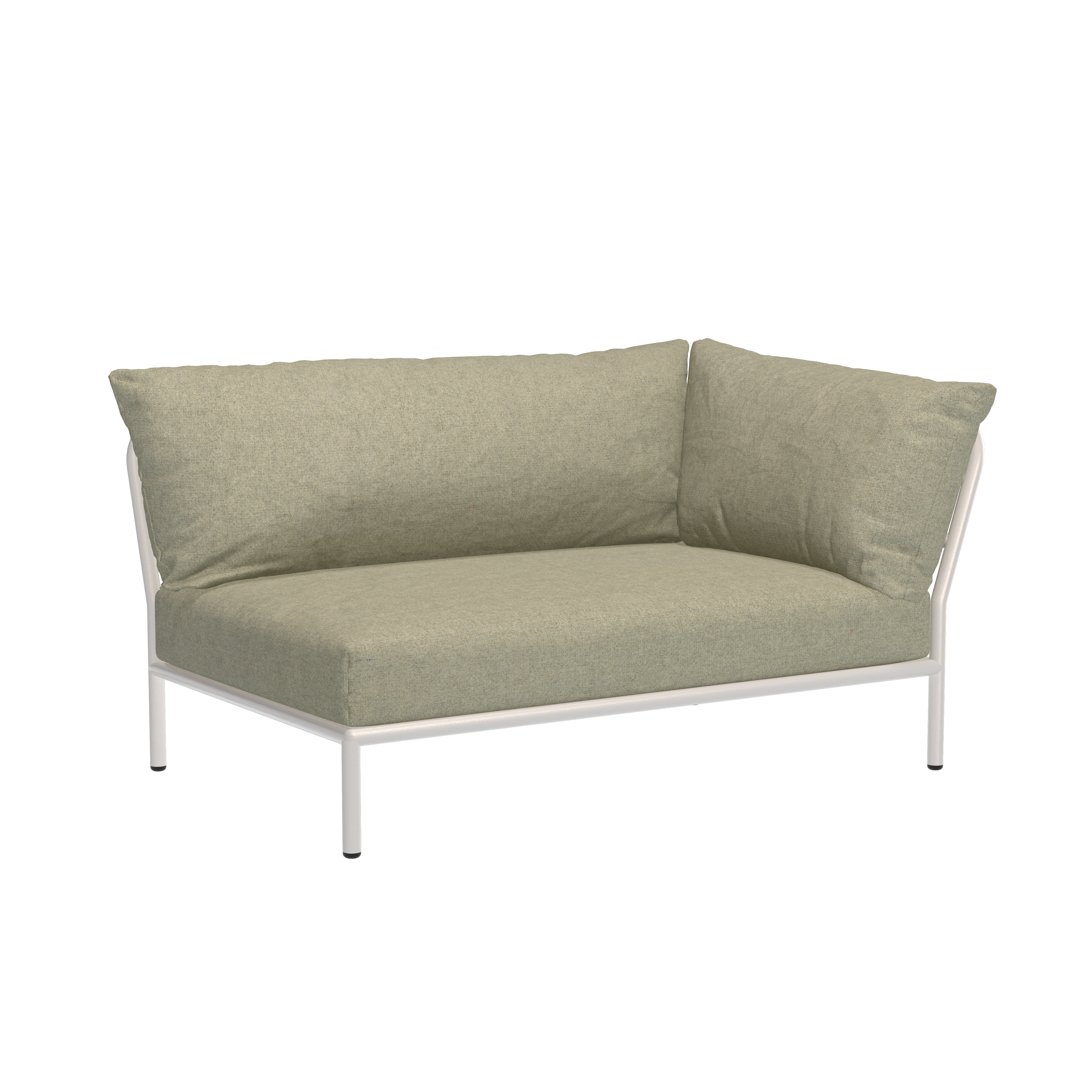 The Level Corner Sofa by Houe is a modern L-shaped sofa featuring light green cushions on a powder-coated aluminum frame, showcasing a slim, minimalist design against a plain black background.