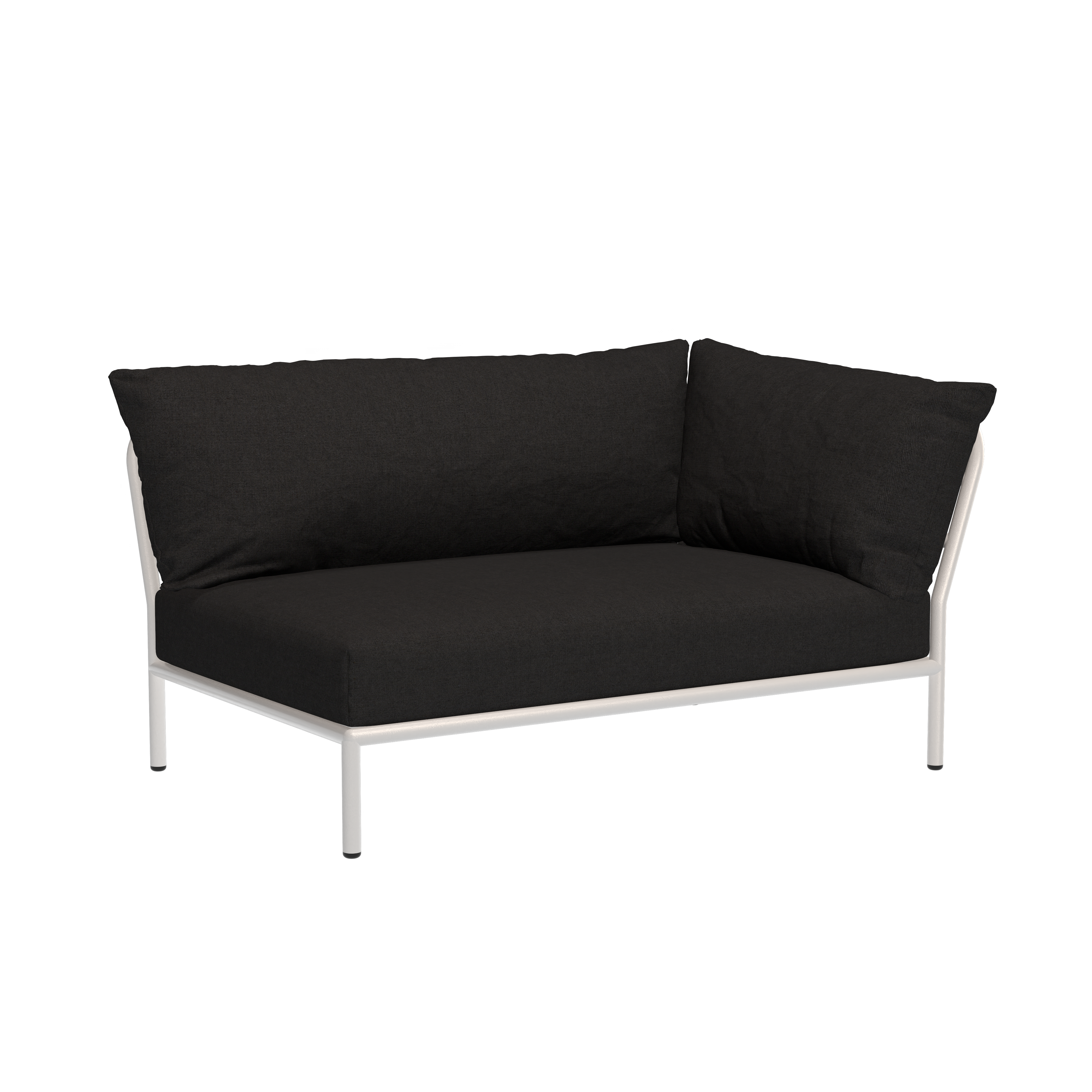 The Houe Level Corner Sofa is a modern black piece with a white powder-coated aluminum frame, thick cushions, and an L-shaped backrest set against a black background.