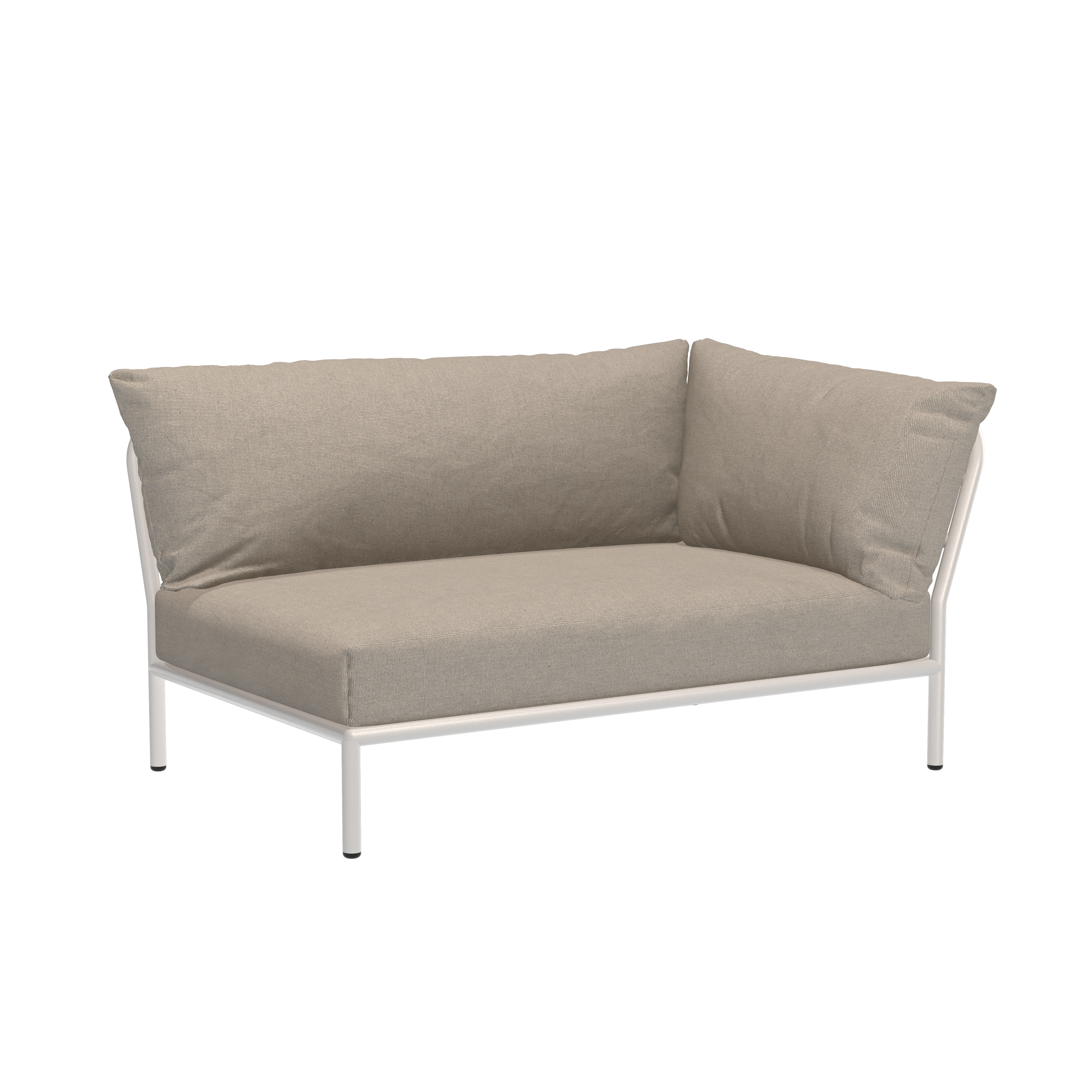 The Houe Level Corner Sofa is a modern beige outdoor sectional with a powder-coated aluminum frame and plush Sunbrella cushions, designed for corner placement against a black background, offering style and durability.