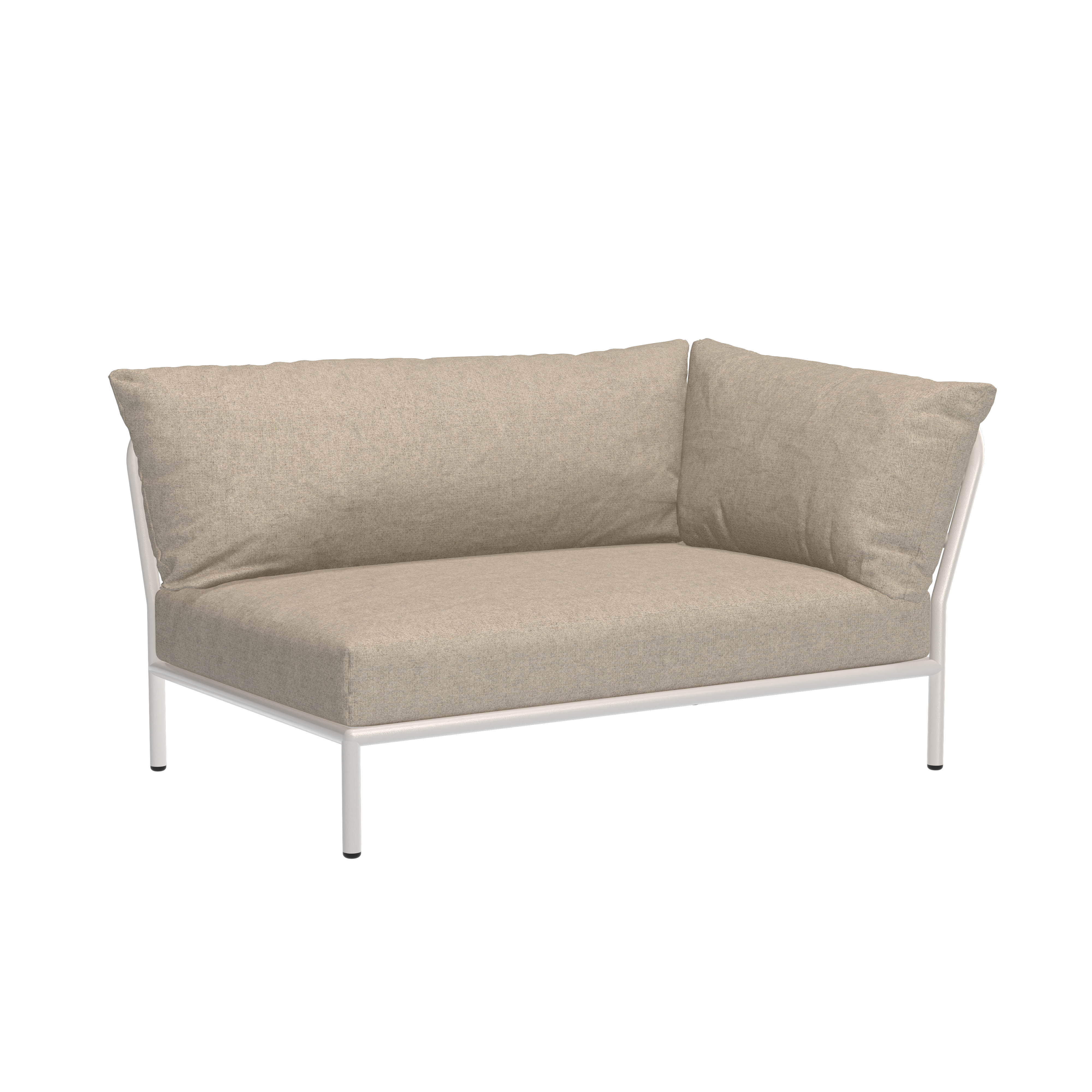 The beige Level Corner Sofa by Houe is a modern L-shaped sofa, constructed from powder-coated aluminum with Sunbrella fabric cushions on the back and side, displayed against a black background.