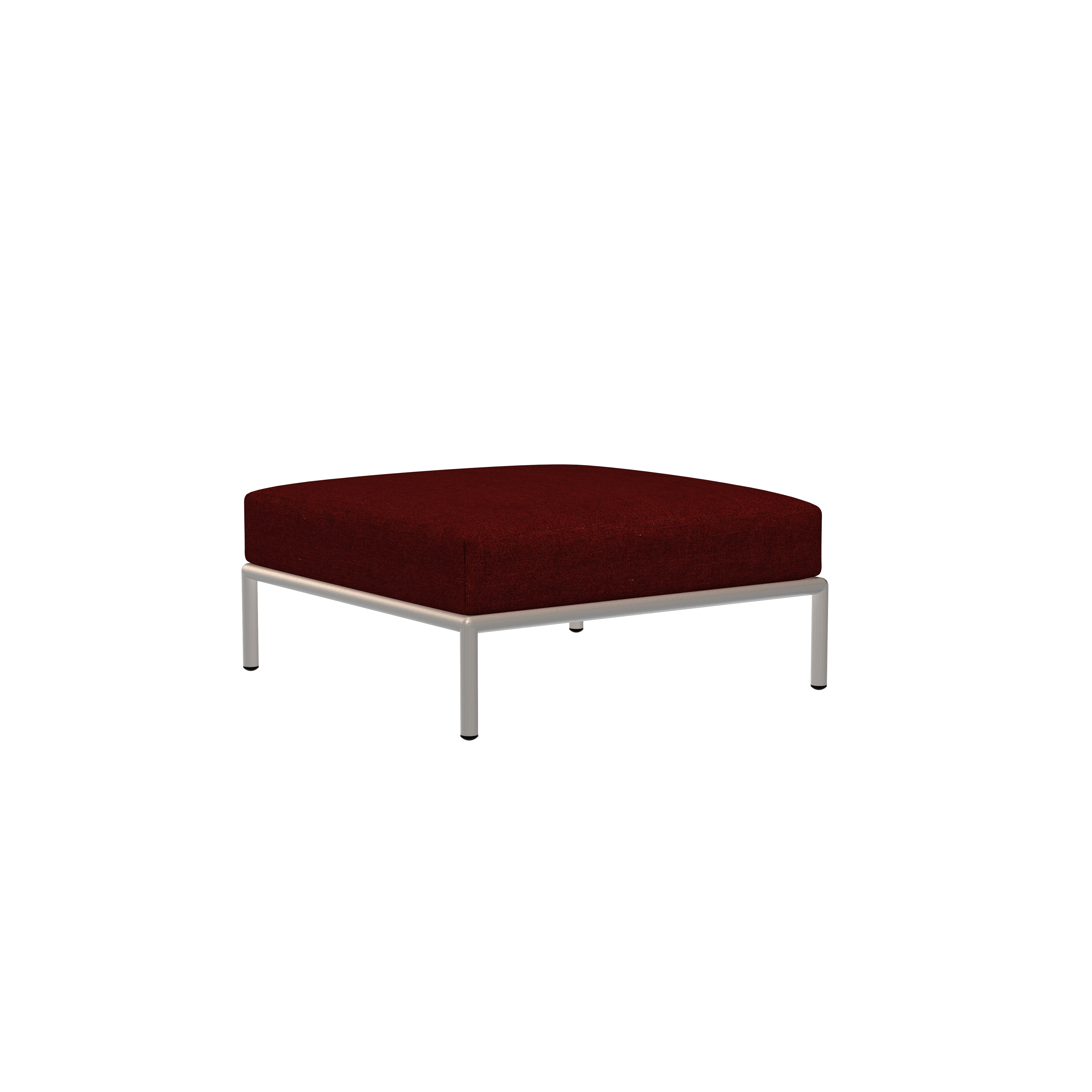 The Level Ottoman by Houe is a minimalist design featuring a dark red square cushion on a sleek metal frame crafted from powder-coated aluminum, set against a black background.