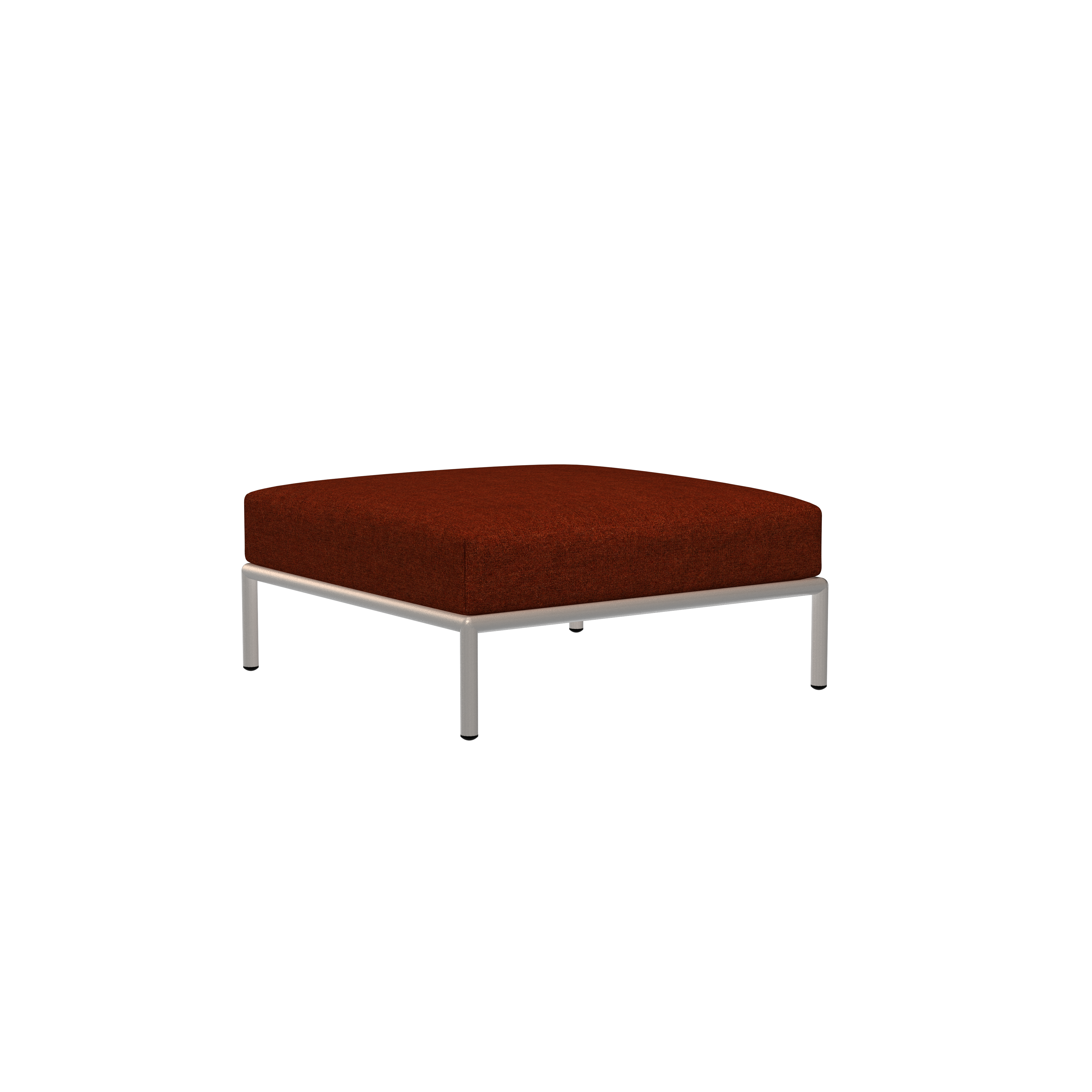 The Level Ottoman by Houe is a square, modern piece with a rust-colored Sunbrella fabric cushion and sleek powder-coated aluminum legs, set on a black background.