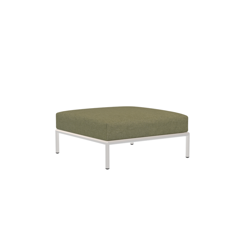 The Level Ottoman by Houe is a square piece with a dark green cushion on a sleek silver metal frame, set against a black background. It features water-repellent fabric, perfect for seating or as a footrest.